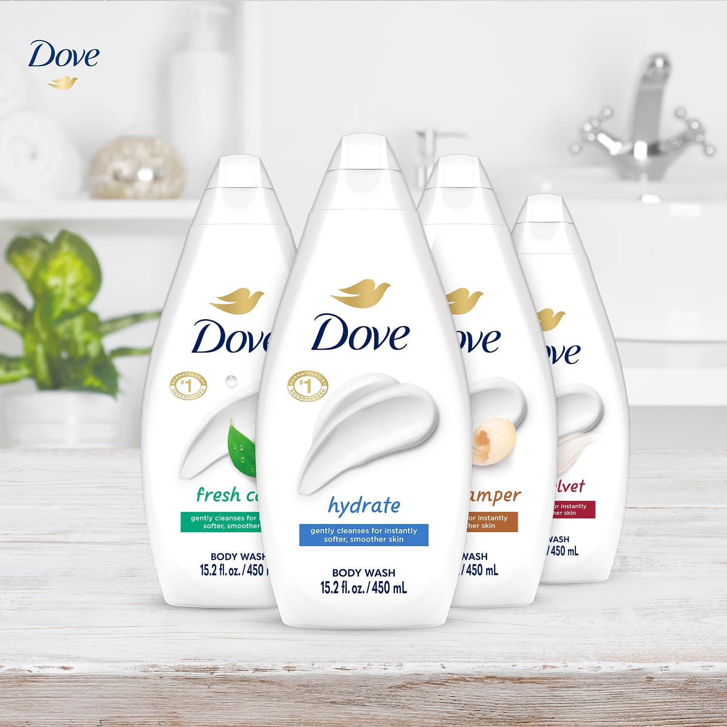Dove Body Wash Variety 6-Pack – Hydrate, Gentle Pamper, Fresh Care, and Silky Velvet, 15.2 Oz Ea