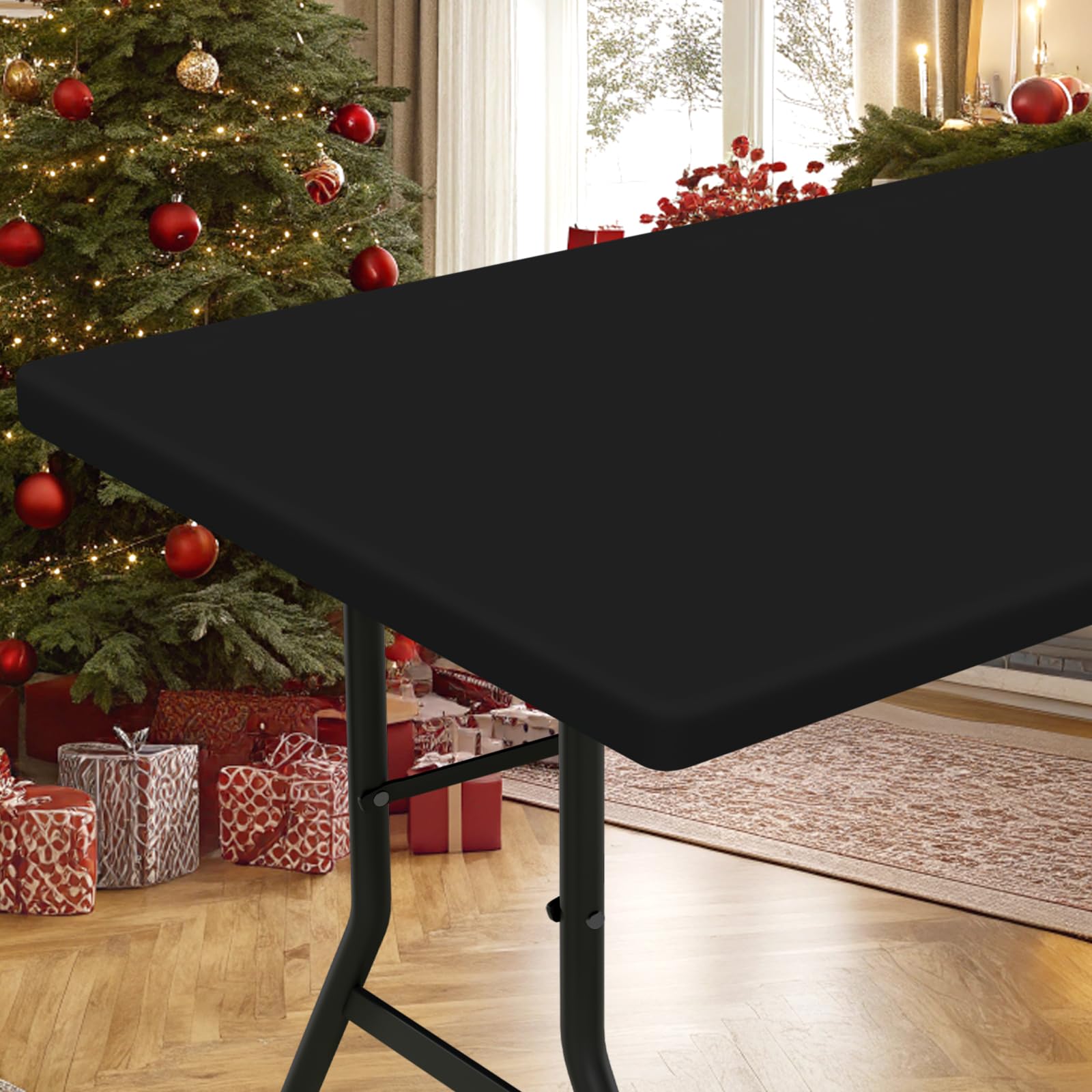 Smiry Rectangle Tablecloth, Elastic Fitted Flannel Backed Vinyl Tablecloths for 6ft Folding Tables, Waterproof Wipeable Table Covers for Indoor, Outdoor, Picnic and Camping (Black, 30"x72")