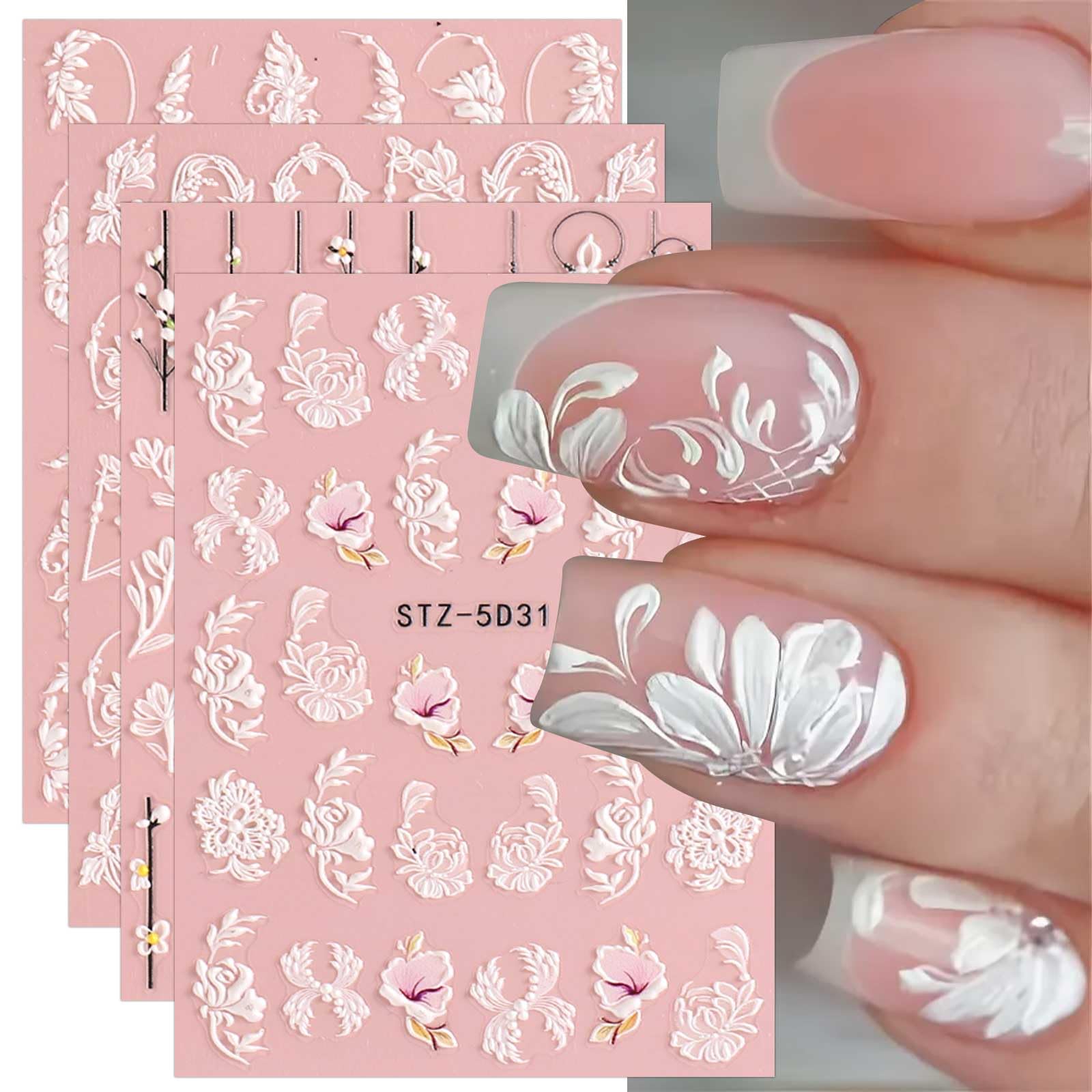 5D Frühling geprägte Blumen-Nagelsticker 4 Blätter JMEOWIO Echte selbstklebende Abziehbilder Blumendesign Nageldekoration für Frauen Mädchen