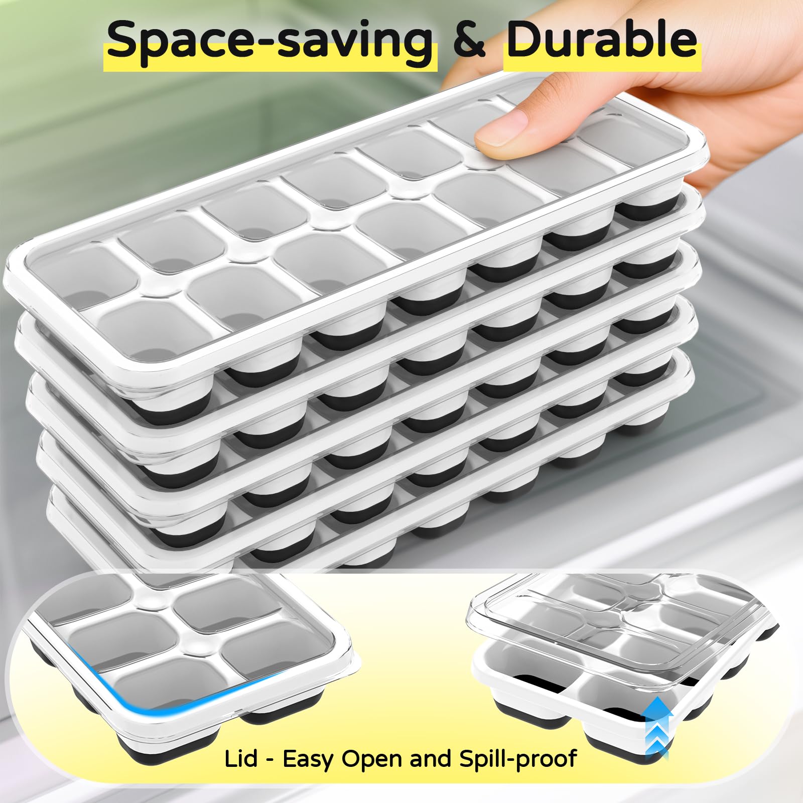 Ice Cube Tray 5 Pack, Stackable Silicone Ice Cube Trays with Lid– Easy Release Reusable Ice Tray, BPA-Free Rectangular Ice Cube Mold Set for Cocktails, Coffee, Whiskey & Drinks- Black