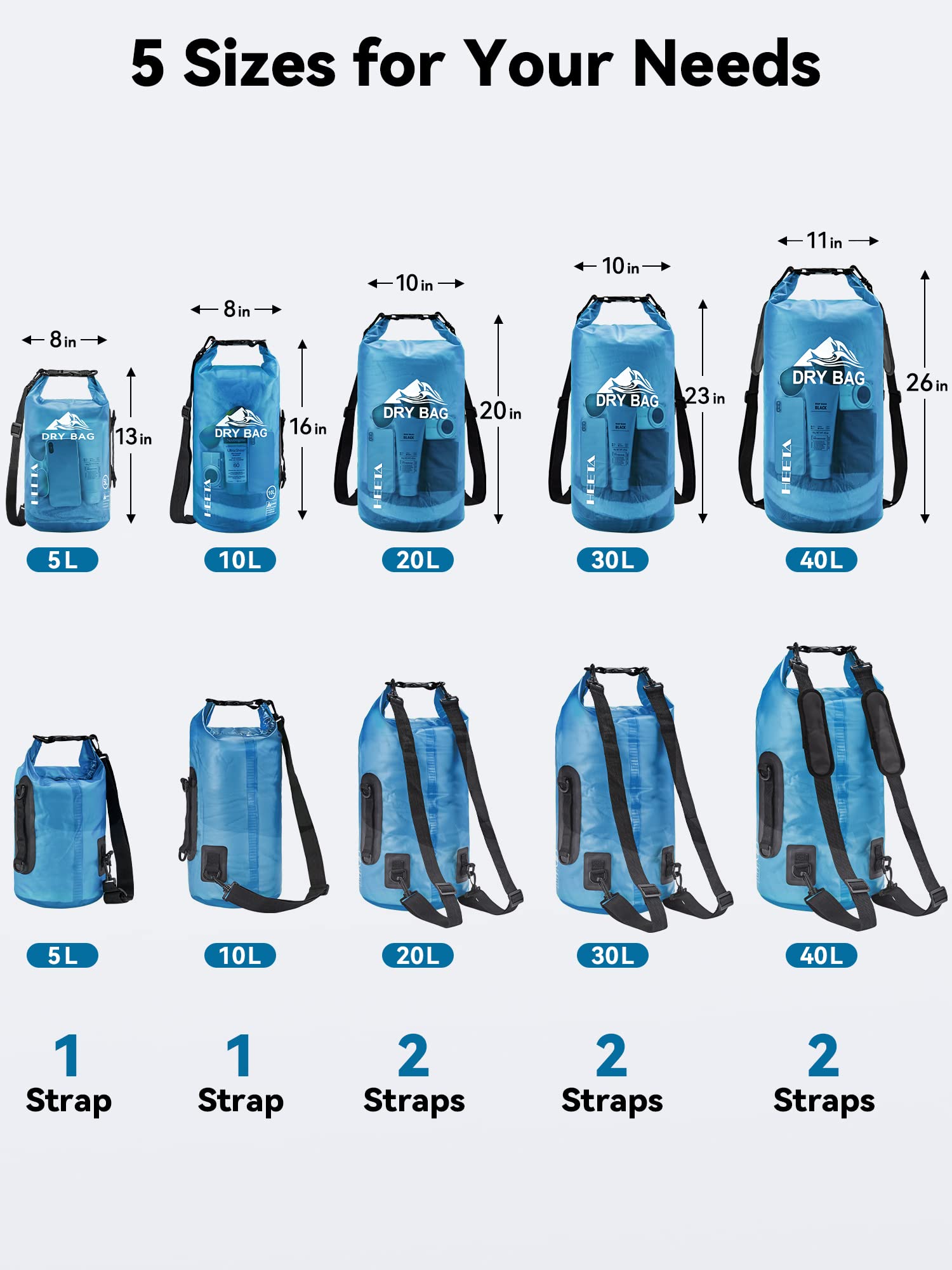HEETA Dry Bag Waterproof for Women Men, Roll Top Lightweight Dry Storage Bag Backpack with Phone Case for Travel Swimming Boating Kayaking Paddle Board Camping Beach Accessories (Transparent Blue, 5L)