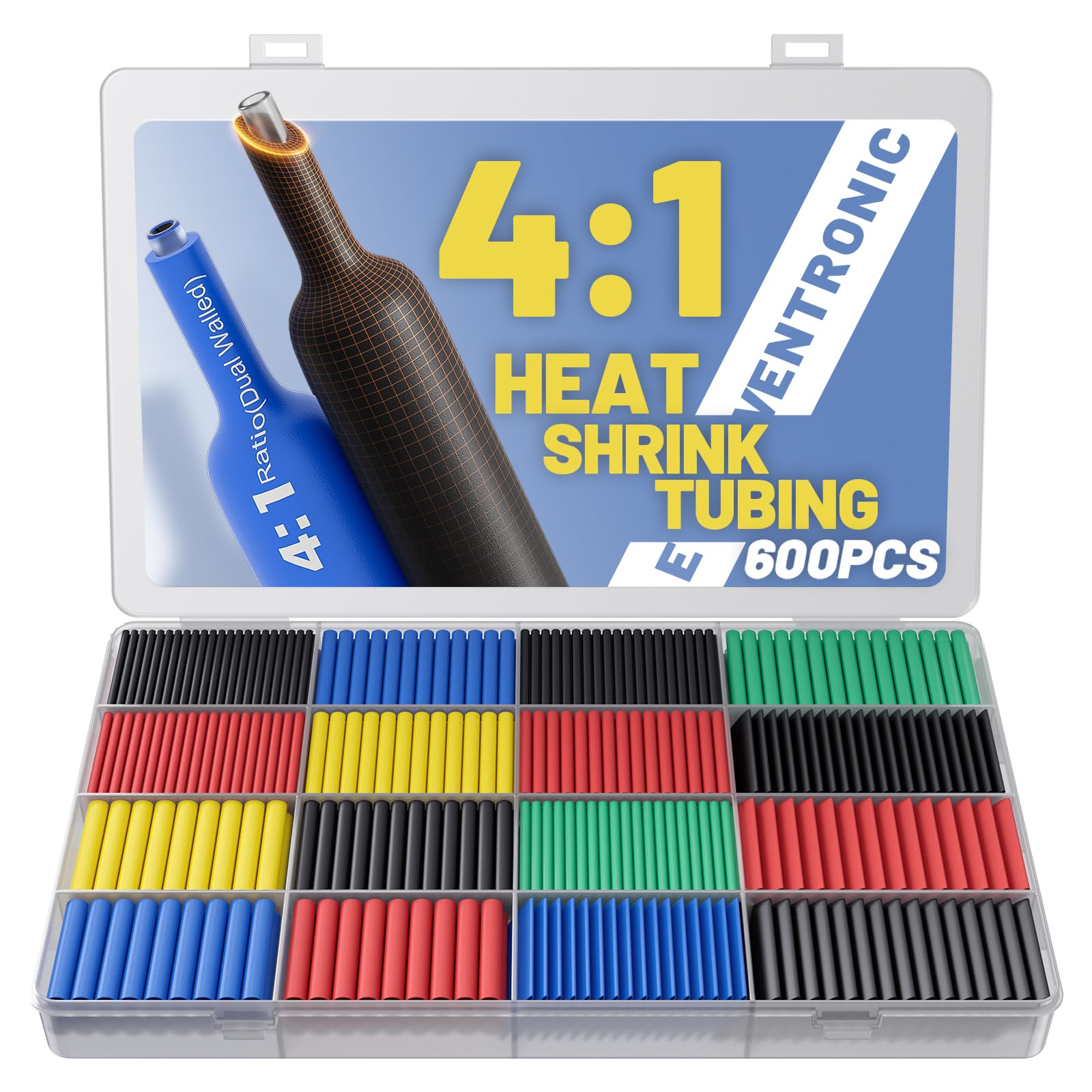 600 Pcs Heat Shrink Tubing Kit - 4:1 Ratio Adhesive Lined, Wire Shrink Wrap Tubing, Marine Grade Industrial Heat-Shrink Tubing, 7 Sizes 5 Colors