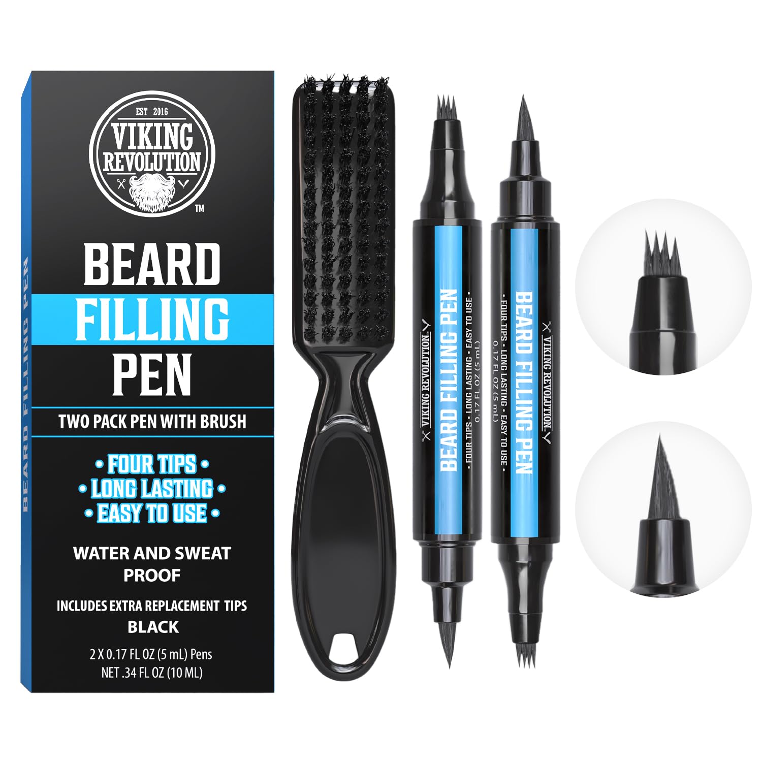 Viking Revolution Beard Pen (2 Pack) - Black Beard Pencil Filler for Men Lapiz para Barba de Hombre - Beard Filler for Men Waterproof Beard Filling Pen Kit - Long Lasting Beard Filler Pen with Brush