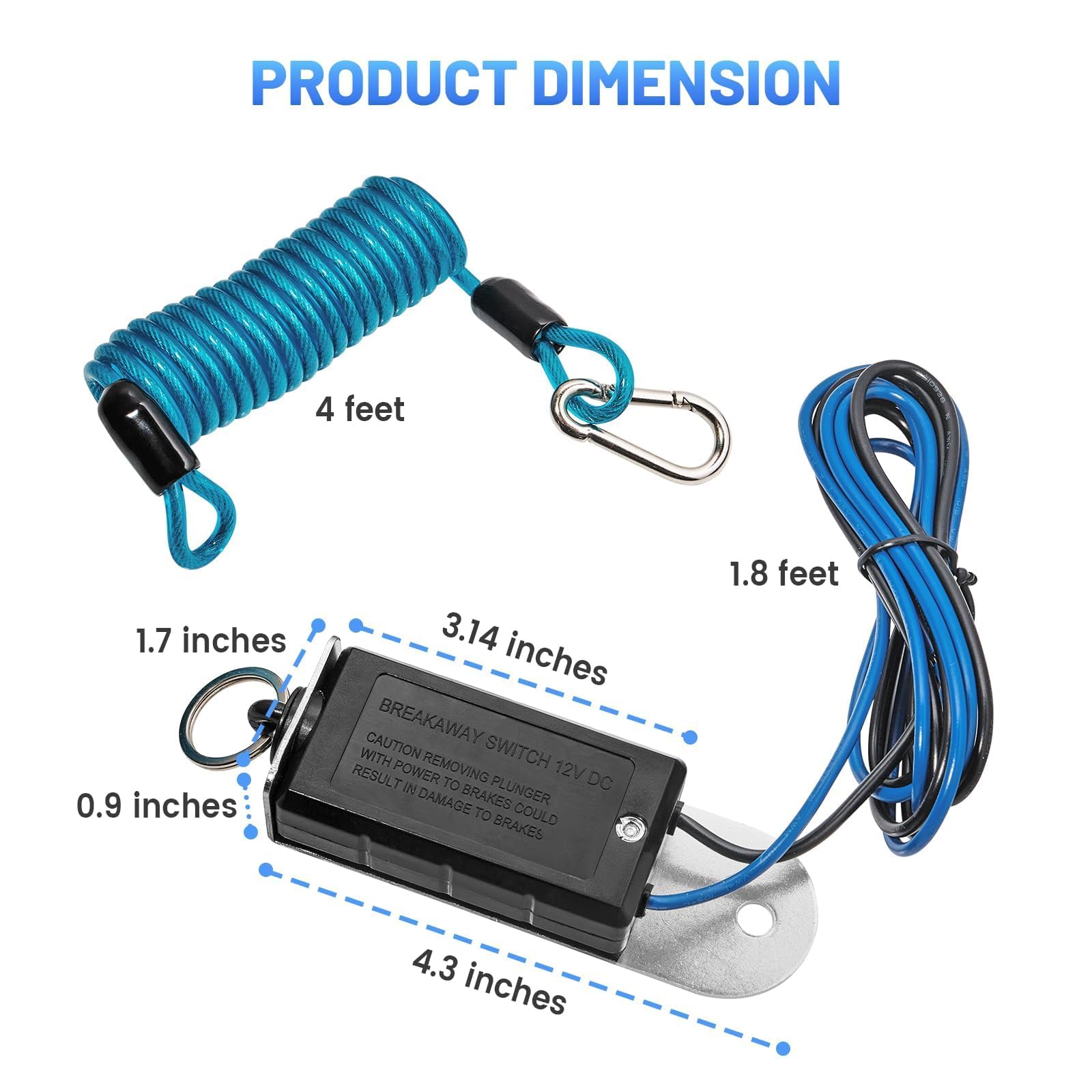 MECMO Trailer Breakaway Switch 4ft Brake Away Coiled Cable Large Carabiner, RV Camper Trailer Emergency Electric Break Switch with 4 Feet Stainless Steel Spring Towing Wire Safety Lanyard w/Pull Pin