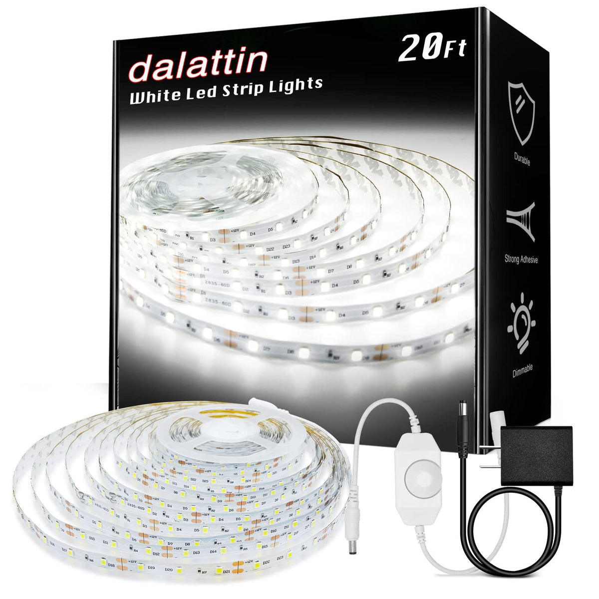 dalattin White LED Strip Lights, 20ft Dimmable Super Bright 24V Led Tape Light 6500K 360 LEDs Lights for Bedrooms, Mirror, Kitchen, Home Decoration Daylight White