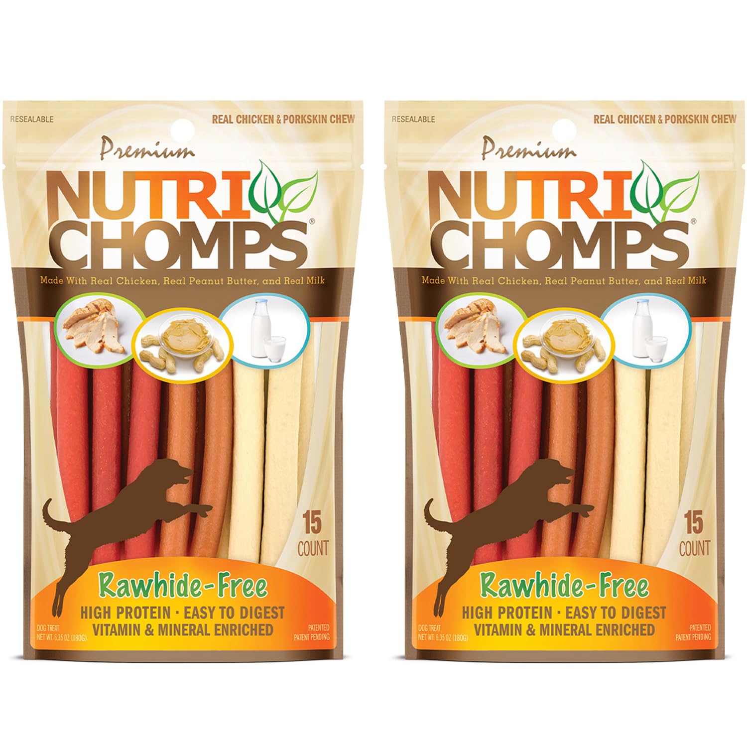 NutriChomps Dog Chews, 5-inch Twists, Easy to Digest, Rawhide-Free Dog Treats, 15 Count, Real Chicken, Peanut Butter and Milk Flavors, Bundle of 2, Brown, red, Cream (NT051V-2)