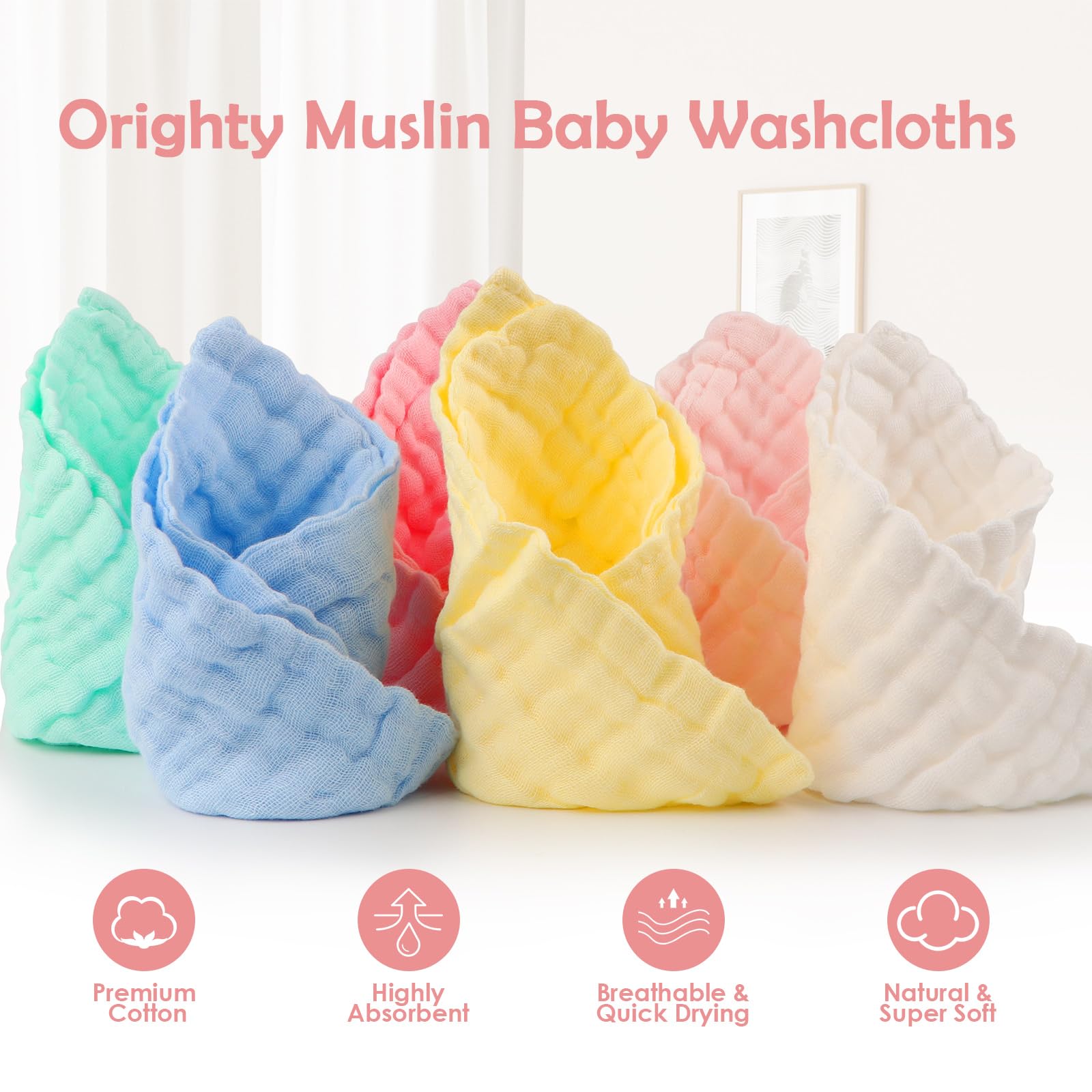 Orighty Muslin Baby Washcloths Pack of 6 - Soft Face Cloths for Newborn, Absorbent Baby Bath and Face Towels, 100% Cotton Baby Wipes, Burp Cloths, Feeding Towels for Babies and Infants - 10 x 10’’