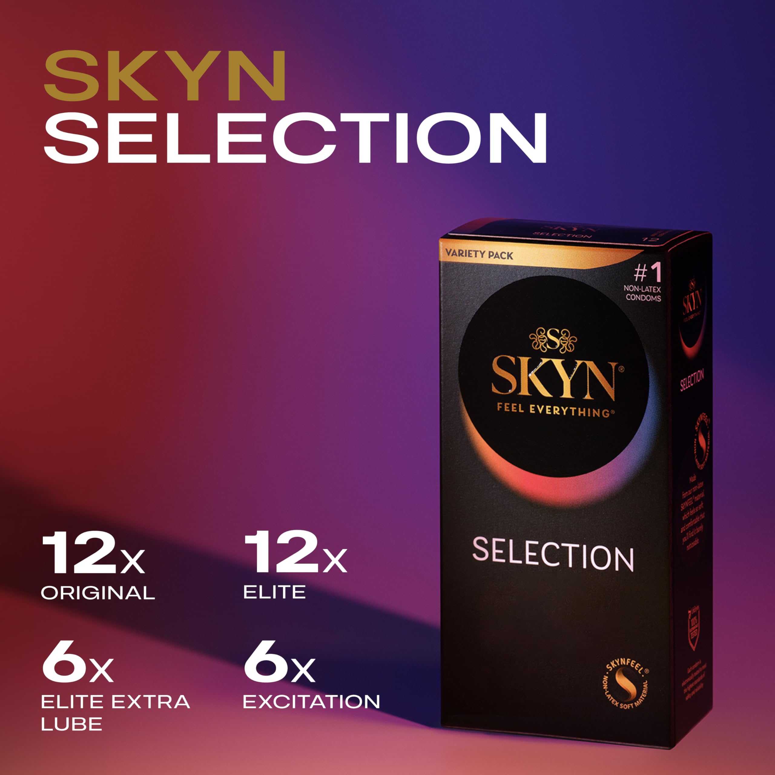 SKYN Selection Non-Latex Condoms, Regular Fit Variety Pack Contains SKYN Elite, Original, Excitation, Extra Lube, Condoms, 36 Count