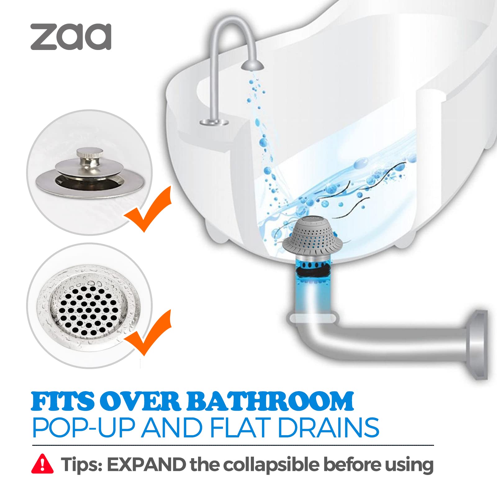 zaa Bathtub Drain Hair Catcher, Premium Silicone Shower Hair Catcher, 1Pack Collapsible Hair Stopper for Pop Up and Regular Drains of Shower, Bathtub, Bathroom, Sink, Gray
