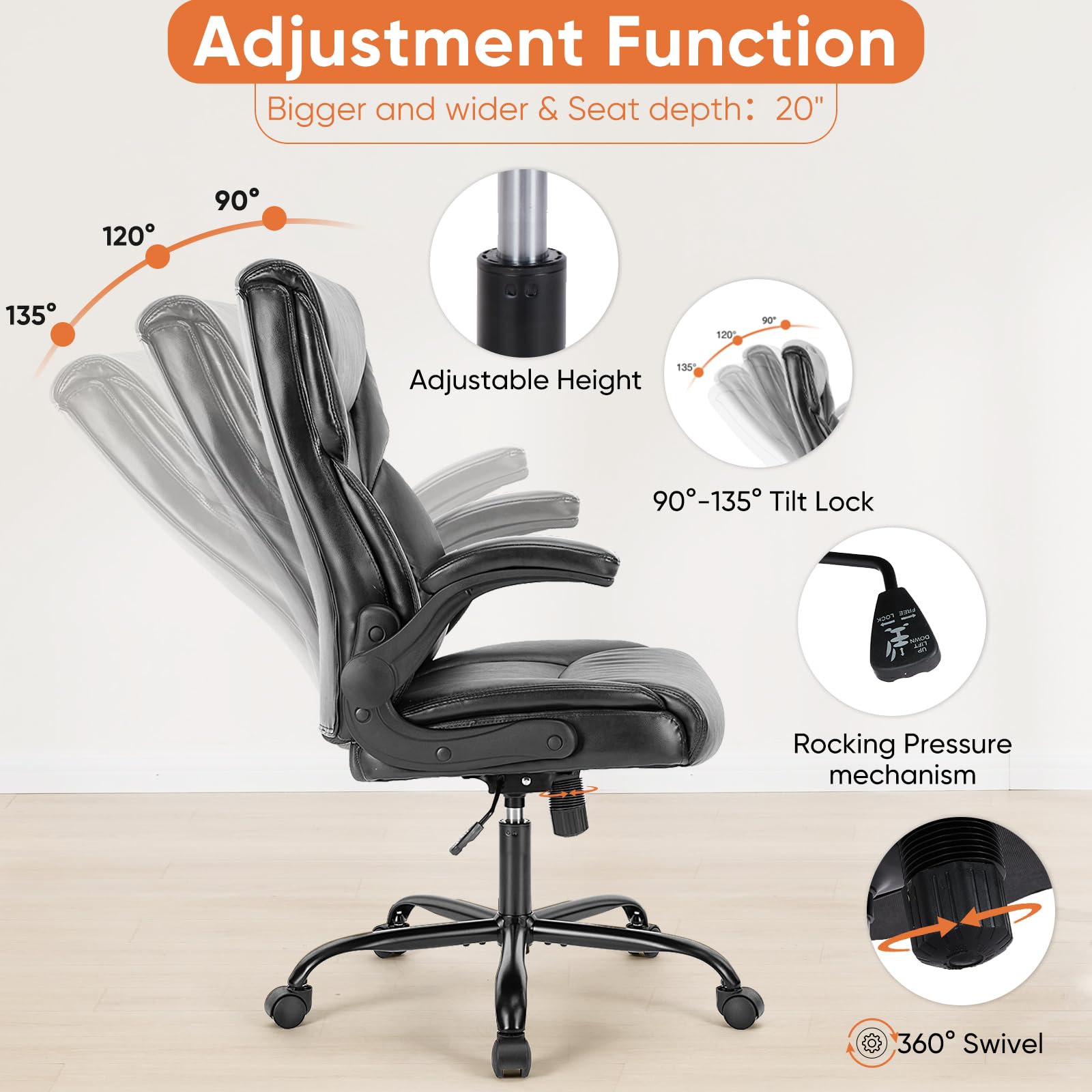 Sweetcrispy Ergonomic Computer Gaming Office Chair, Heavy Duty Task Desk Swivel Rolling Chairs with Wheels, Flip-up Arms, Adjustable Height, PU Leather, Black