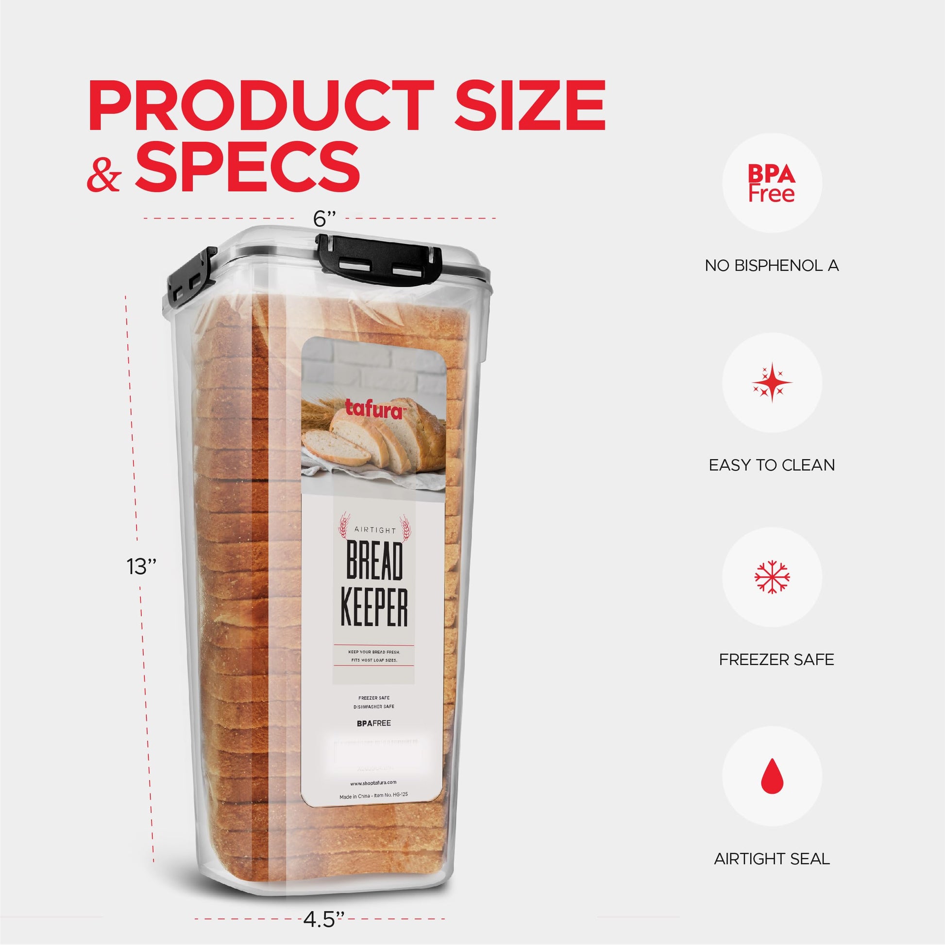 Tafura Bread Container - 5.8 Liter BPA Free Plastic Bread Box - Container/Holder for Homemade Loaves and Baked Goods with Black Airtight Lid