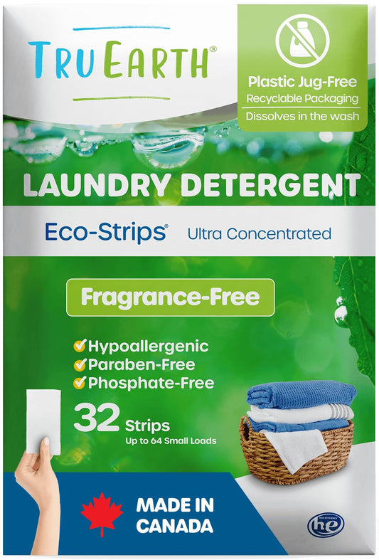 Tru Earth Compact Dry Laundry Detergent Sheets (Made in Canada), Unscented - Up to 64 Loads (32 Sheets) - Paraben-Free - Original Eco-Strip Liquidless Laundry Detergent, Travel Laundry Sheets