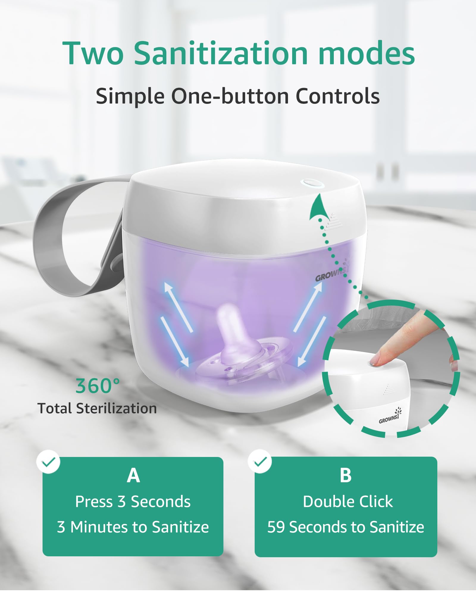 GROWNSY Pacifier Sanitizer Portable, UV Light Sanitizer on The Go, USB Charging Sanitizer Case, Mini Pacifier Sanitizer 99.99% Cleaned in 59 Seconds (White)