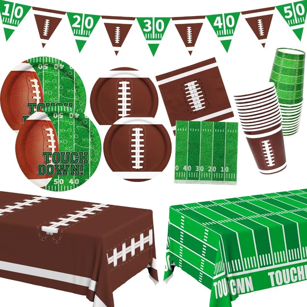 Gatherfun Fußball Partyzubehör Set für 24 Personen, inklusive Speiseteller, Dessertservietten, Becher, Banner und Touchdown-Tischdecke für Geburtstag, Spieltag, Tailgate Dekorationen, Grün (2023053002)