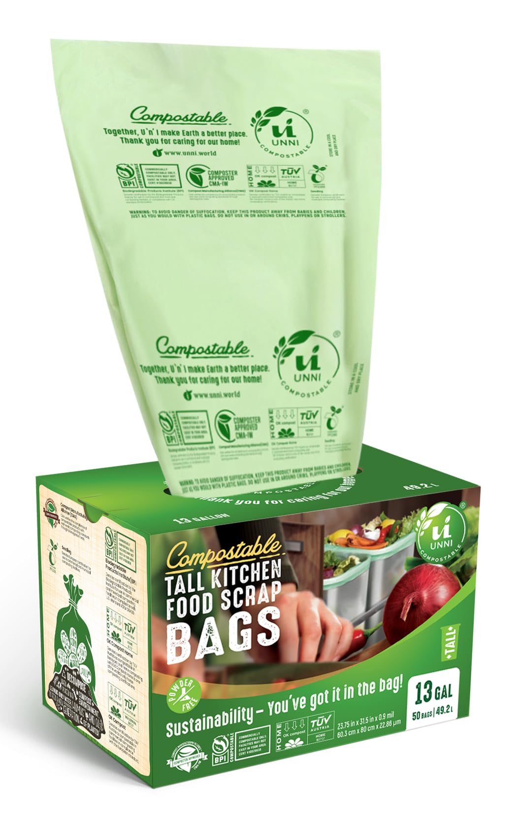 UNNI Compostable Liner Bags, 3 Gallon, 11.35 Liter, 100 Count, Extra Thick 0.71 Mil, Small Kitchen Food Scrap Waste Bags, ASTM D6400, US BPI, CMA and Europe OK Compost Home Certified, San Francisco