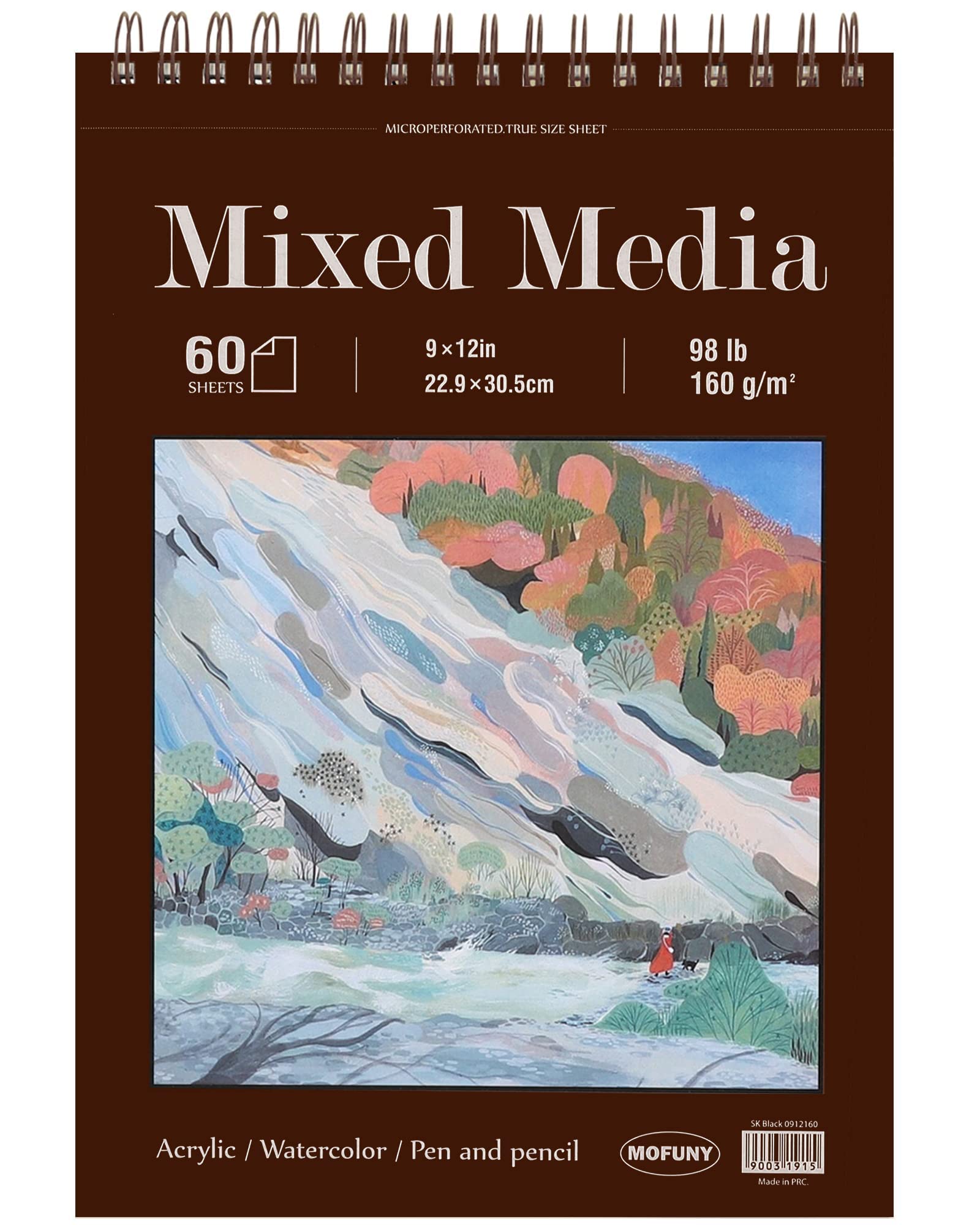 Mixed Media Sketch Pad, 9 x 12 inches, 60 Sheets (98lb/160gsm) Heavyweight Drawing Papers, Top Spiral Bound Hardcover Sketchbook, for Wet and Dry Media, Drawing, Painting