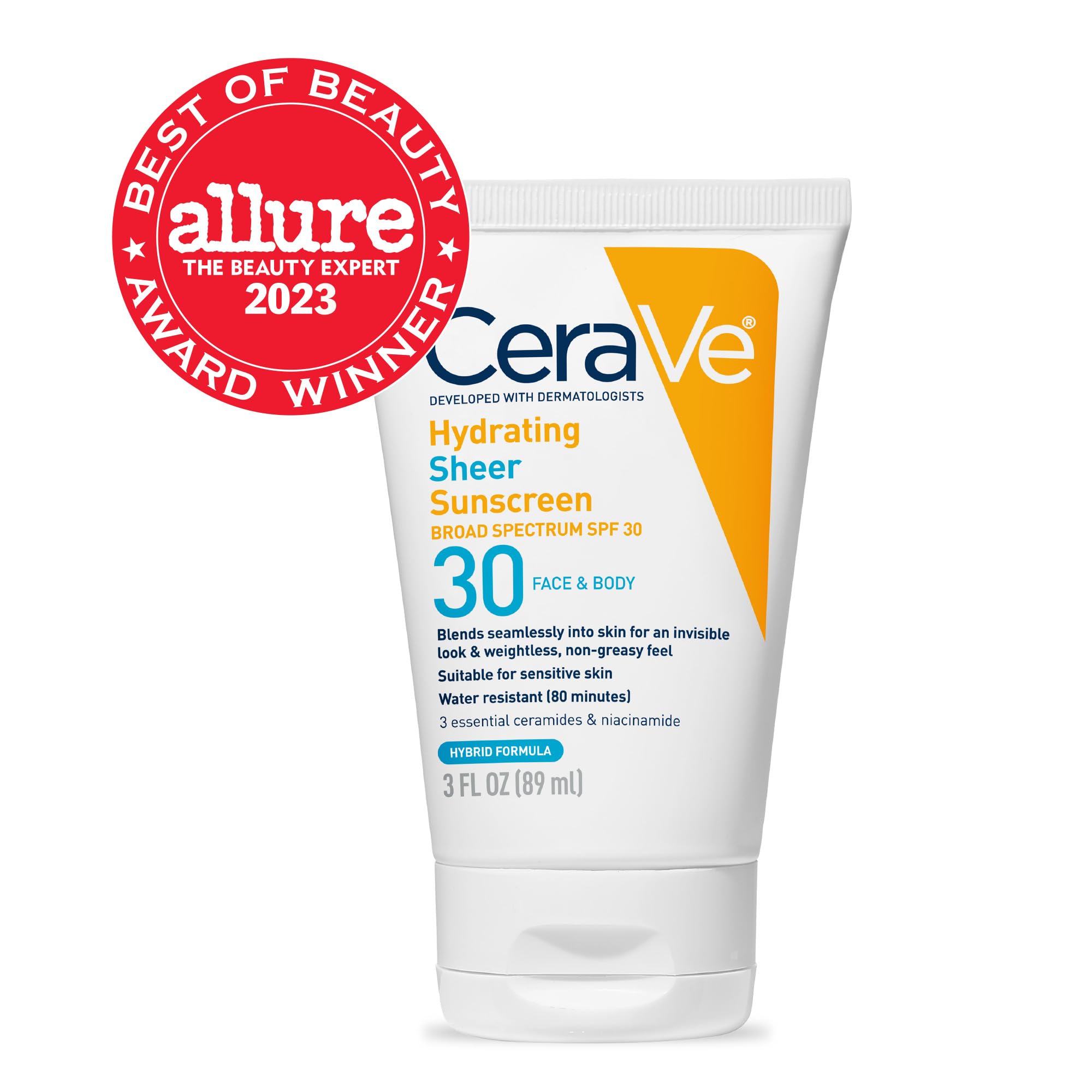 CeraVe Hydrating Sheer Sunscreen SPF 30 for Face and Body | Mineral & Chemical Sunscreen with Zinc Oxide, Hyaluronic Acid, Niacinamides and Ceramides| Paraben Free Fragrance Free | 3 Ounces