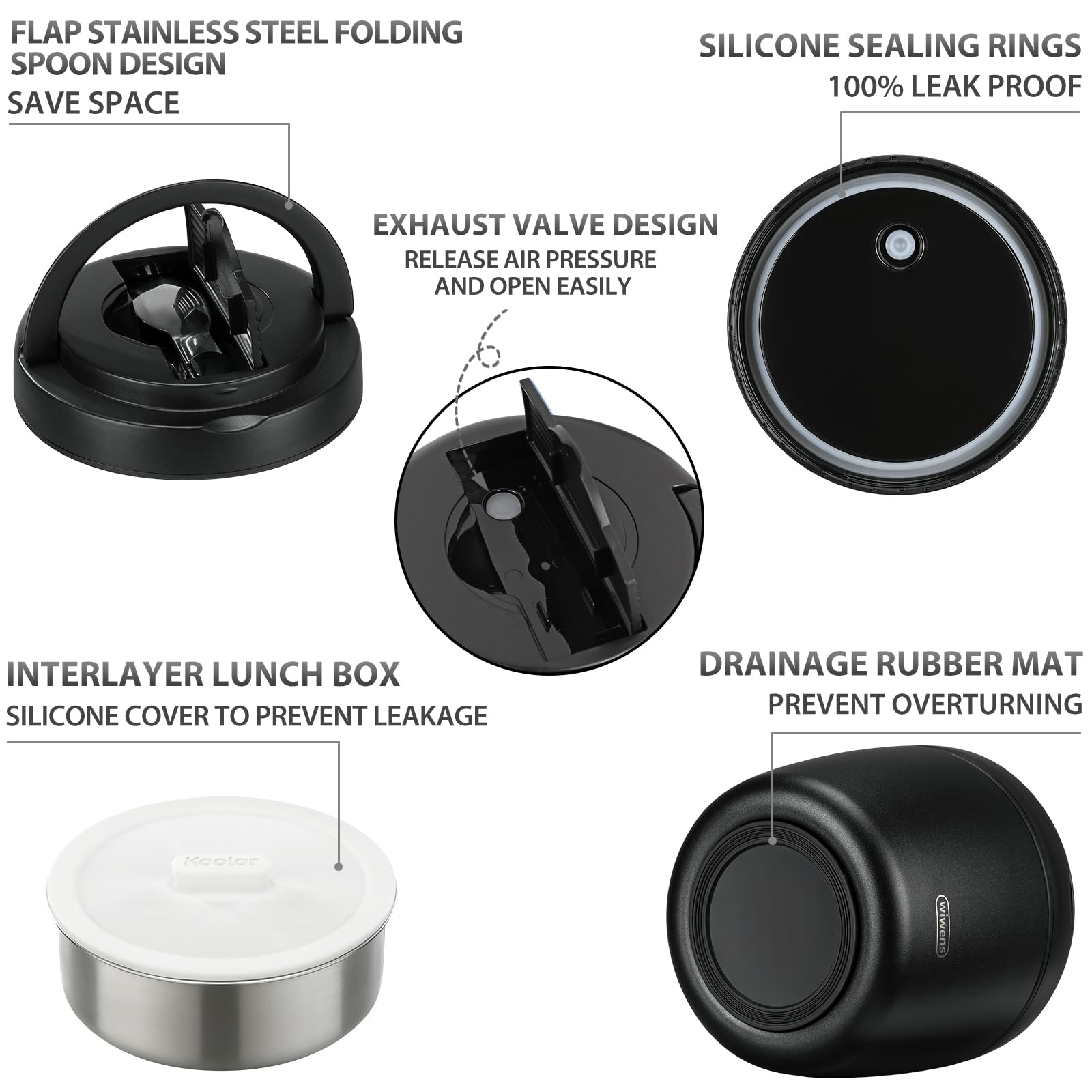 wiwens Thermo Food Jar for Hot Food Adults 32OZ Soup Thermo Lunch Containers Wide Mouth Vacuum Insulated Stainless Steel Leakproof Bento Box with Spoon (Black)