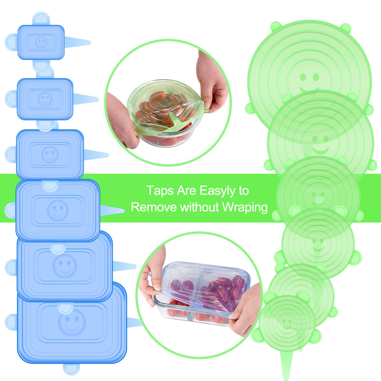 ONEGOL Silicone Stretch Lids, 12 Pack Silicone Lids, 6 Sizes BPA-free Silicone Bowl Covers Reusable for Cups, Bowls and Dish, Flexible, Round and Rectangle Fit 2.6” - 8.2” Container, Green & Blue