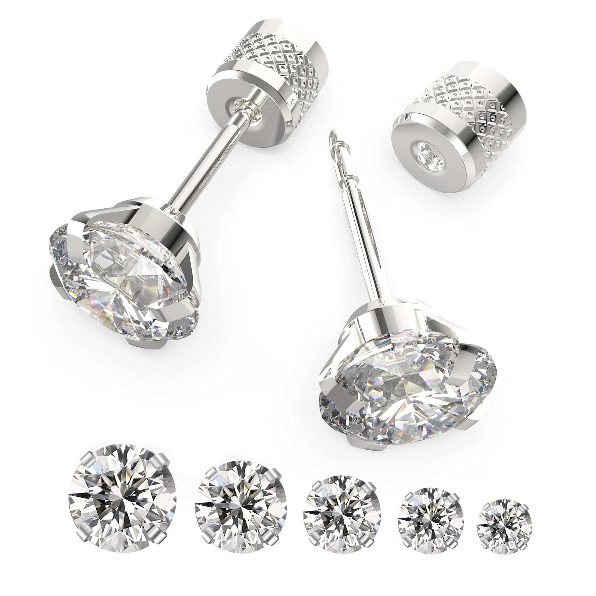 5 pairs Push-in Flat Back Stud Earrings Hypoallergenic Surgical Stainless Steel Cubic Zirconia Earrings Studs Set Multi-Pack, CZ Stud Earrings for Women Men Trendy Cartilage Earrings 4-8mm(B-Silver)