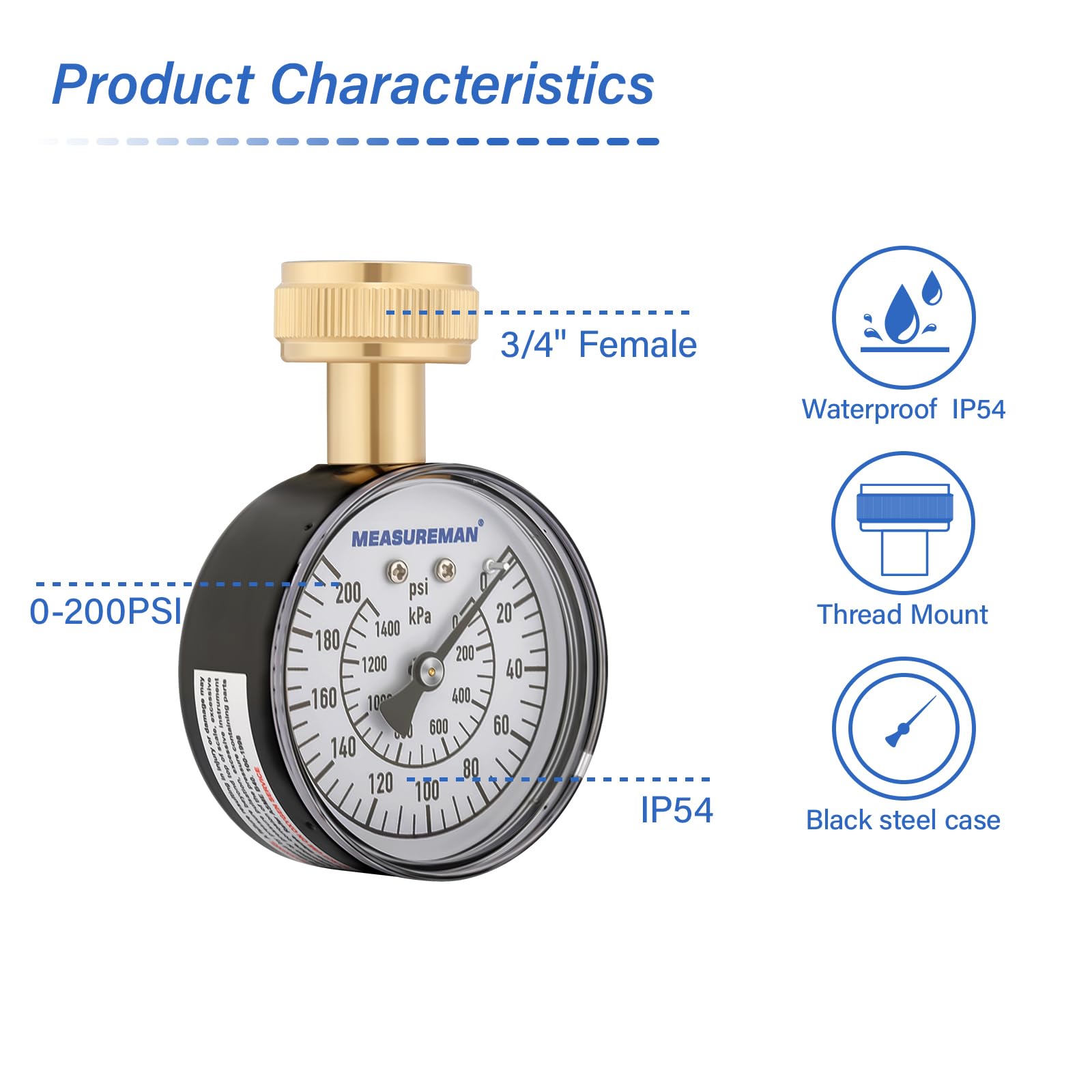 MEASUREMAN 0-200 PSI Water Pressure Gauge, 2-1/2'' Dial, Hose bib Pressure Gauge, Home Water Pressure Tester, Durable 3/4” Hose Thread, Water Pressure Gauge for Home