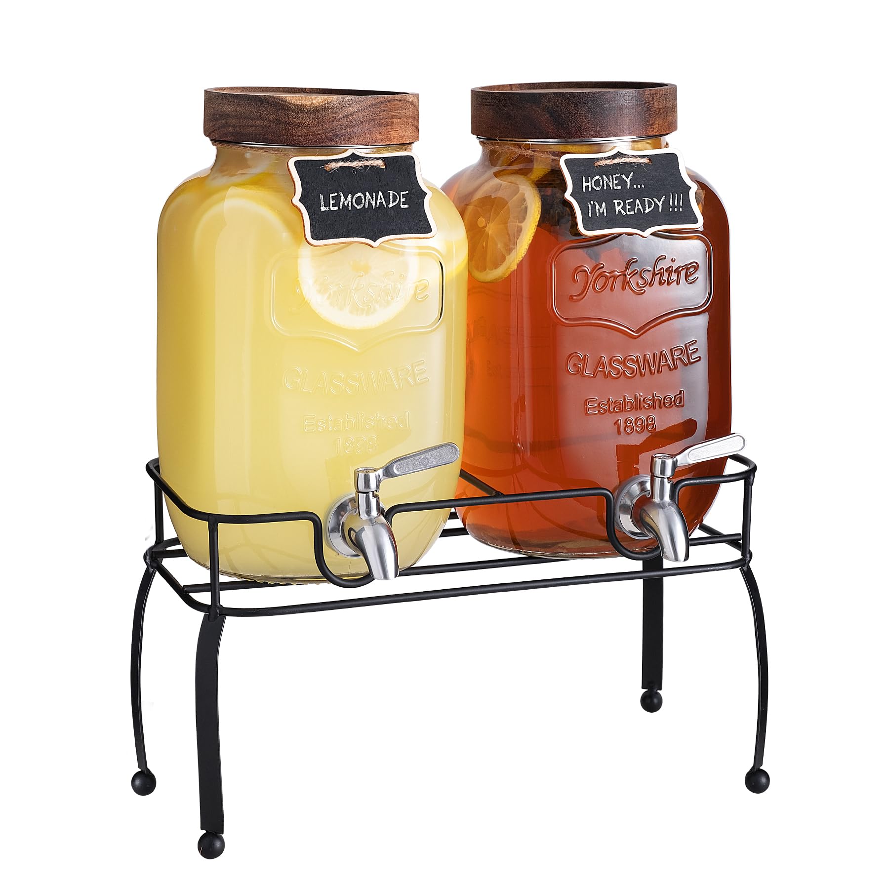 mustry Glass Drink Dispenser for Parties, 1 Gallon Beverage Dispenser with Stand and Spigot Solid Stainless Steel, Used as Lemonade Dispenser Sun Tea Jar Kombucha Jar, Set of 2