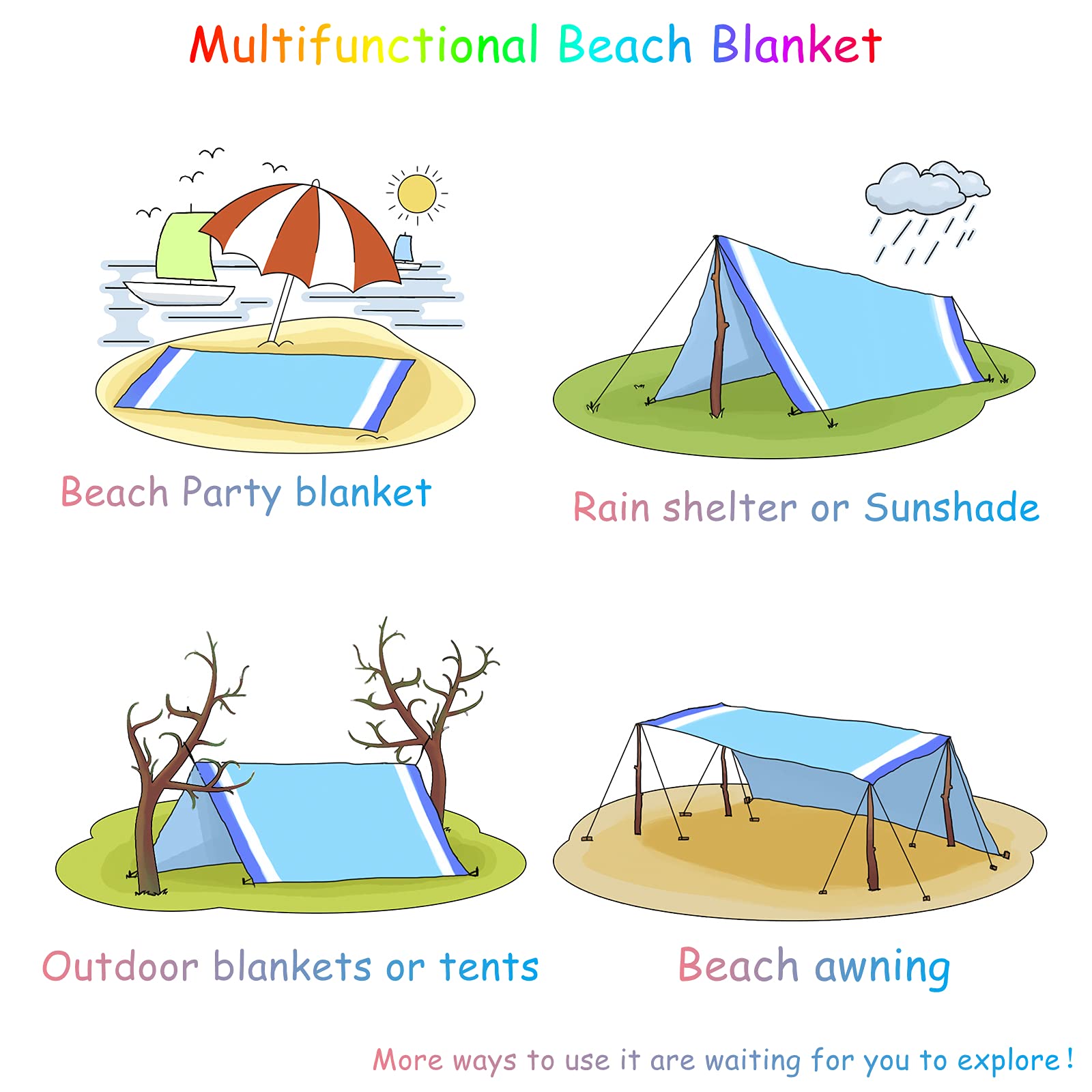 BYDOLL Beach Blanket 78''×81'' 4-7 Adults Oversized Lightweight Waterproof Sandproof Beach Blanket Large Picnic Mat for Travel Camping Hiking Picnic(78" X 81", Blue-Mixed)
