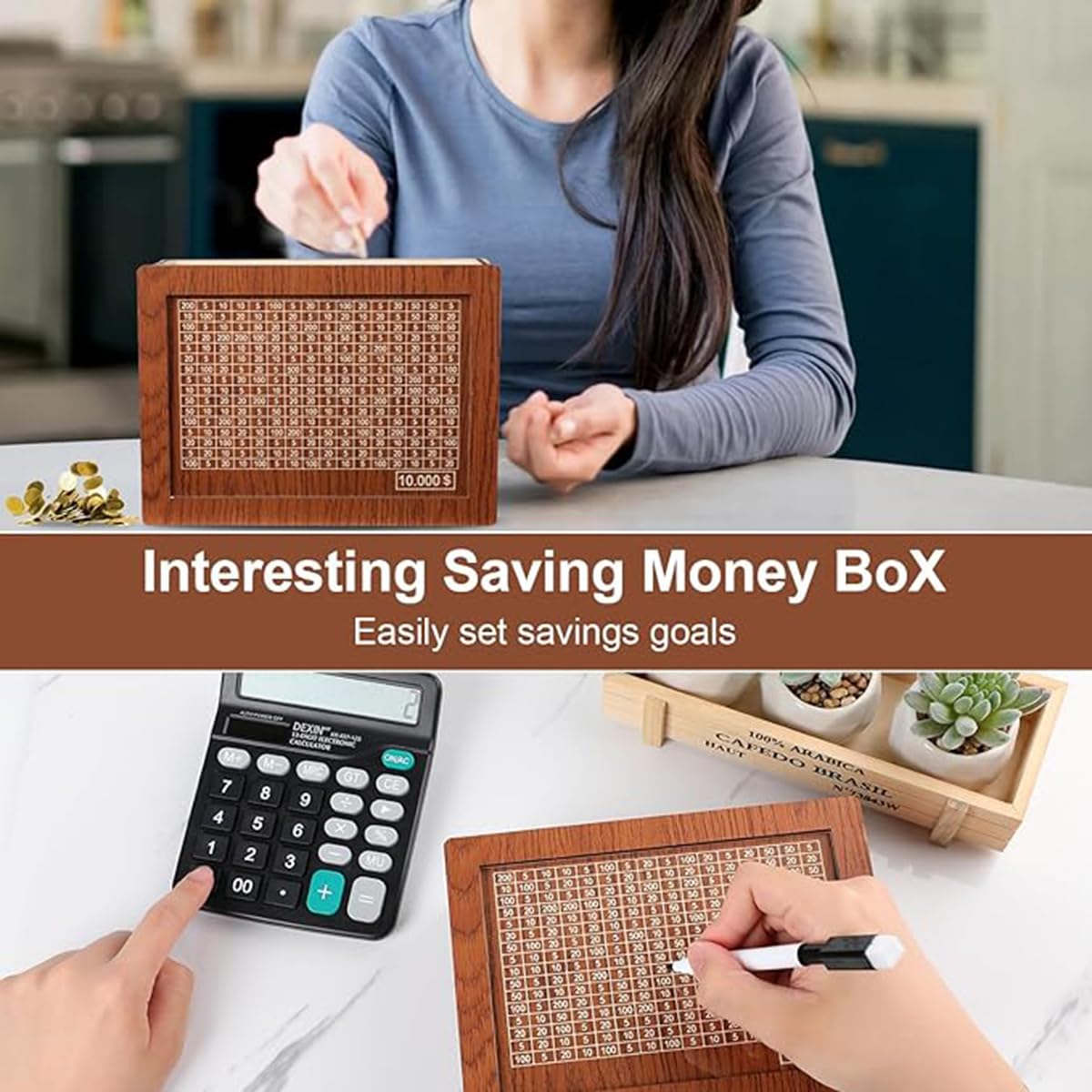 $10000 Cash Vault Wooden Savings Box, 2024 New Wooden Cash Saver Money Box, Cash Saver Box, Coin Counter Piggy Bank, Money Box with Counter, Wooden Money Box with Money Target and Numbers(Brown)