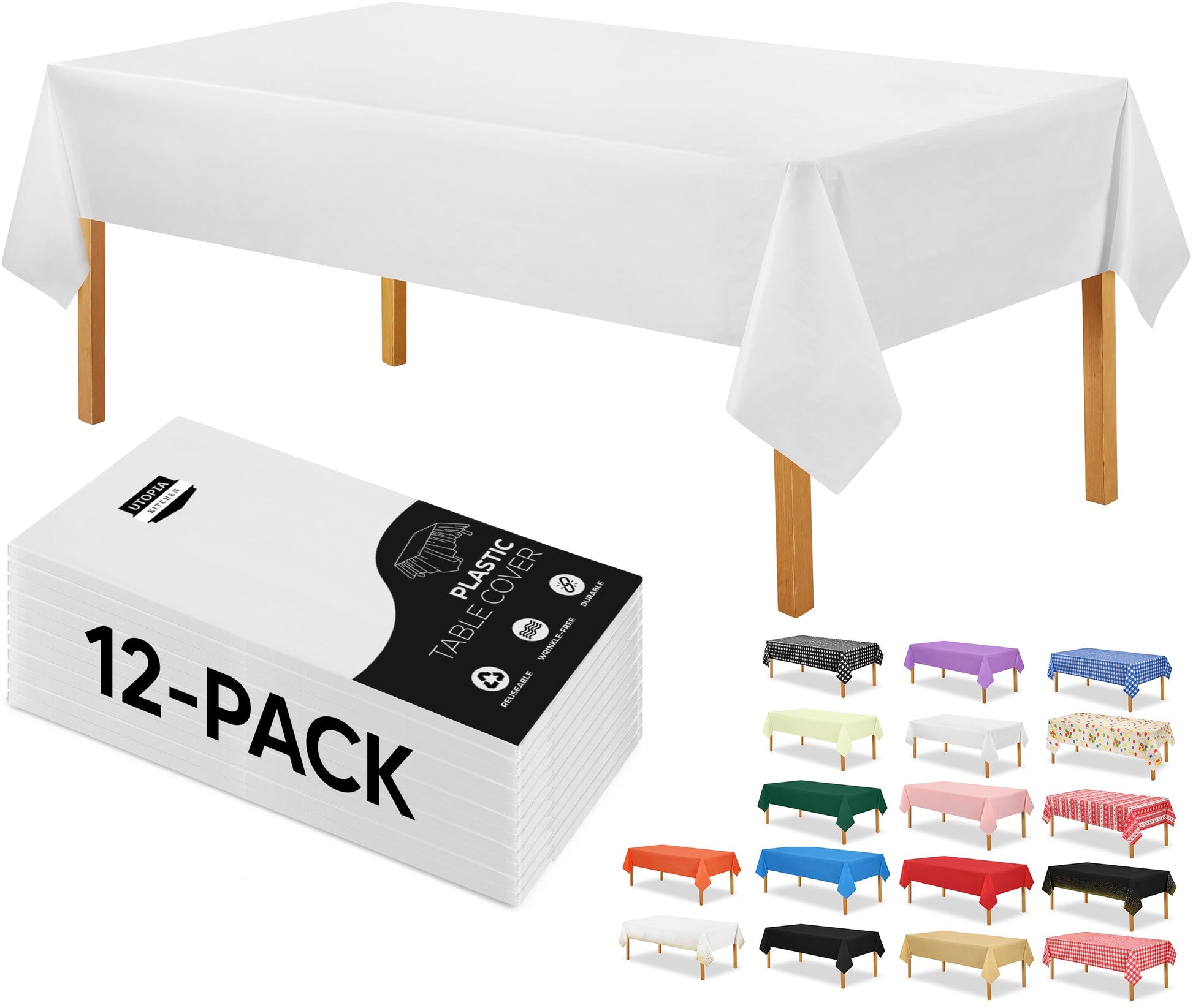 Utopia Kitchen Plastic Table Cloth Disposable (12 Pack - 54x108 Inch) White Rectangle Tablecloth Waterproof Stain Resistant Party Table Cover