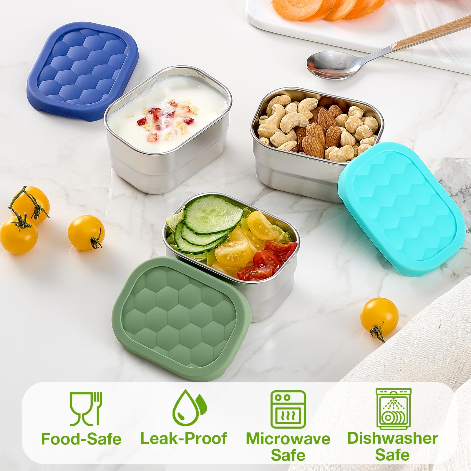 Gencywe 3 Pack Stainless Steel Snack Containers for Kids, 8 oz Easy Open Leak Proof Small Toddler Snack Containers with Silicone Lids, Stackable Metal Lunch Box for Daycare and School (Blue)