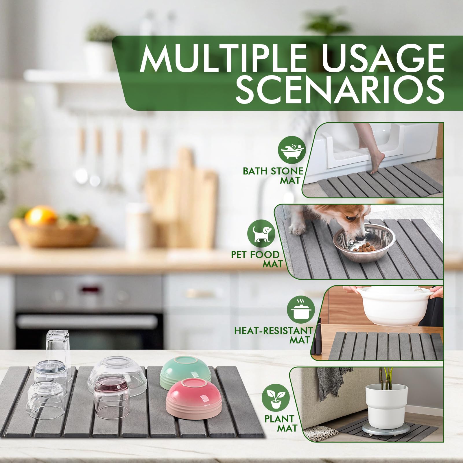 Oxydrily Stone Drying Mat for Kitchen Counter, Large Dark Gray Foldable Diatomaceous Earth Dish Drying Mat, Quick-Dry Absorbent Bath & Countertop Mat for Dishes Bottles Cups 23"x15.3"