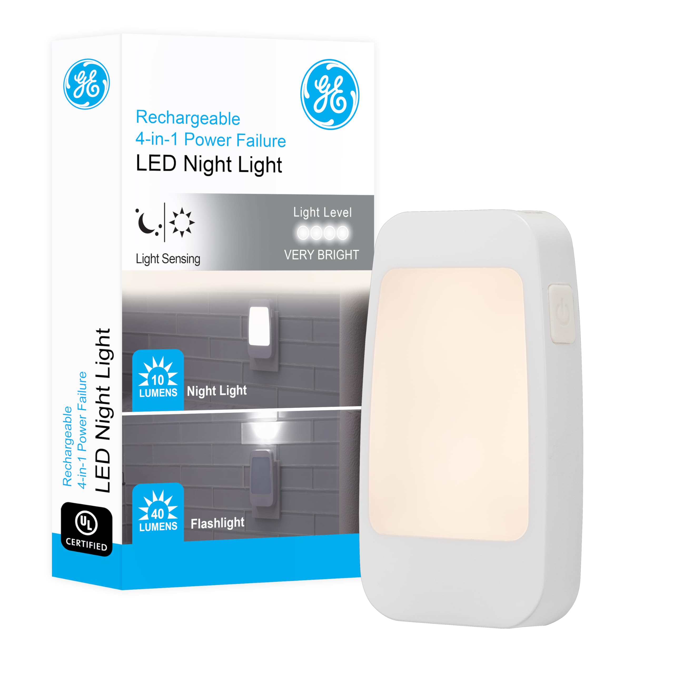 GE 4-in-1 LED Power Failure Night Light, Dusk-to-Dawn Sensor, Foldable Plug, Portable, Flashlight, Ideal for Storm, Outage, Emergency, Blackout, Hurricane, Tornado, White, 29679