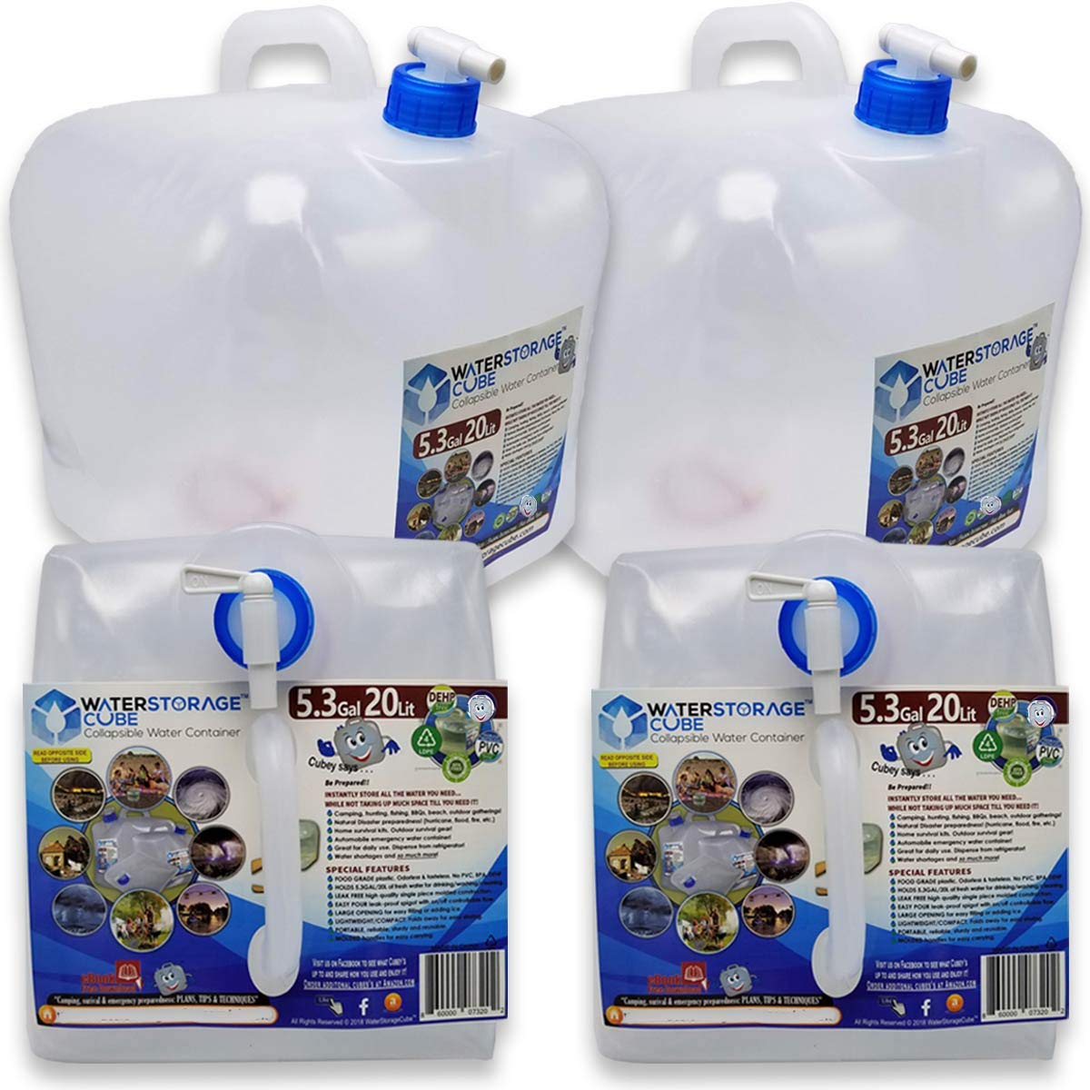 WaterStorageCube BPA-freier faltbarer Wasserkanister mit Zapfhahn, lebensmittelechter Camping-Wasserspeicherbehälter für Outdoor, Wandern, Hurrikan-Notfall, faltbarer tragbarer Wasserkanister (2er-Pack 20 Liter)