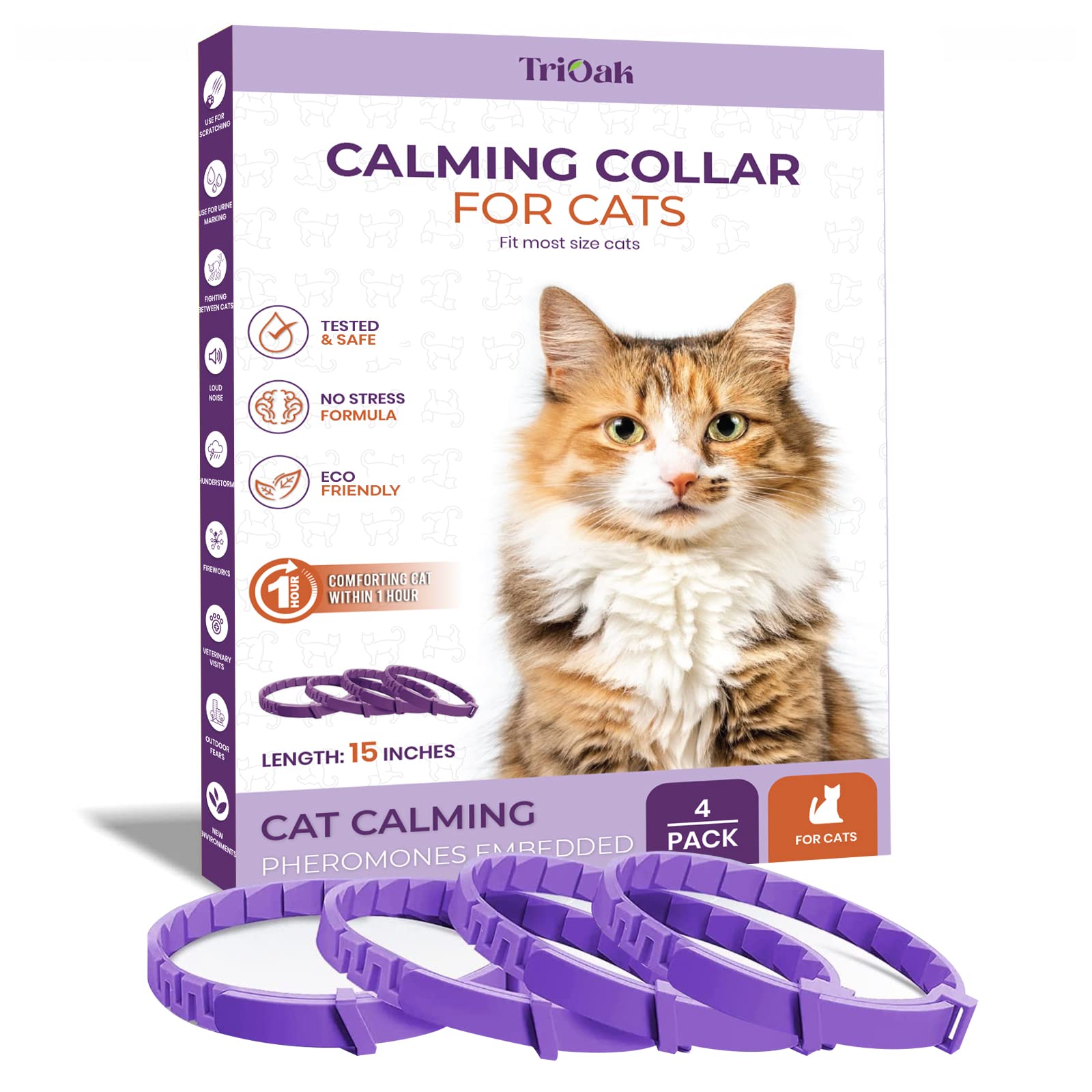 TriOak 4 Pack Calming Collar for Cats, Cat Calming Collar, Calming Pheromone Collar for Cats, Cat Pheromone Collar, Cat Calming Collar for Anxiety, Efficient Relieve Anxiety Stress (Lavender)