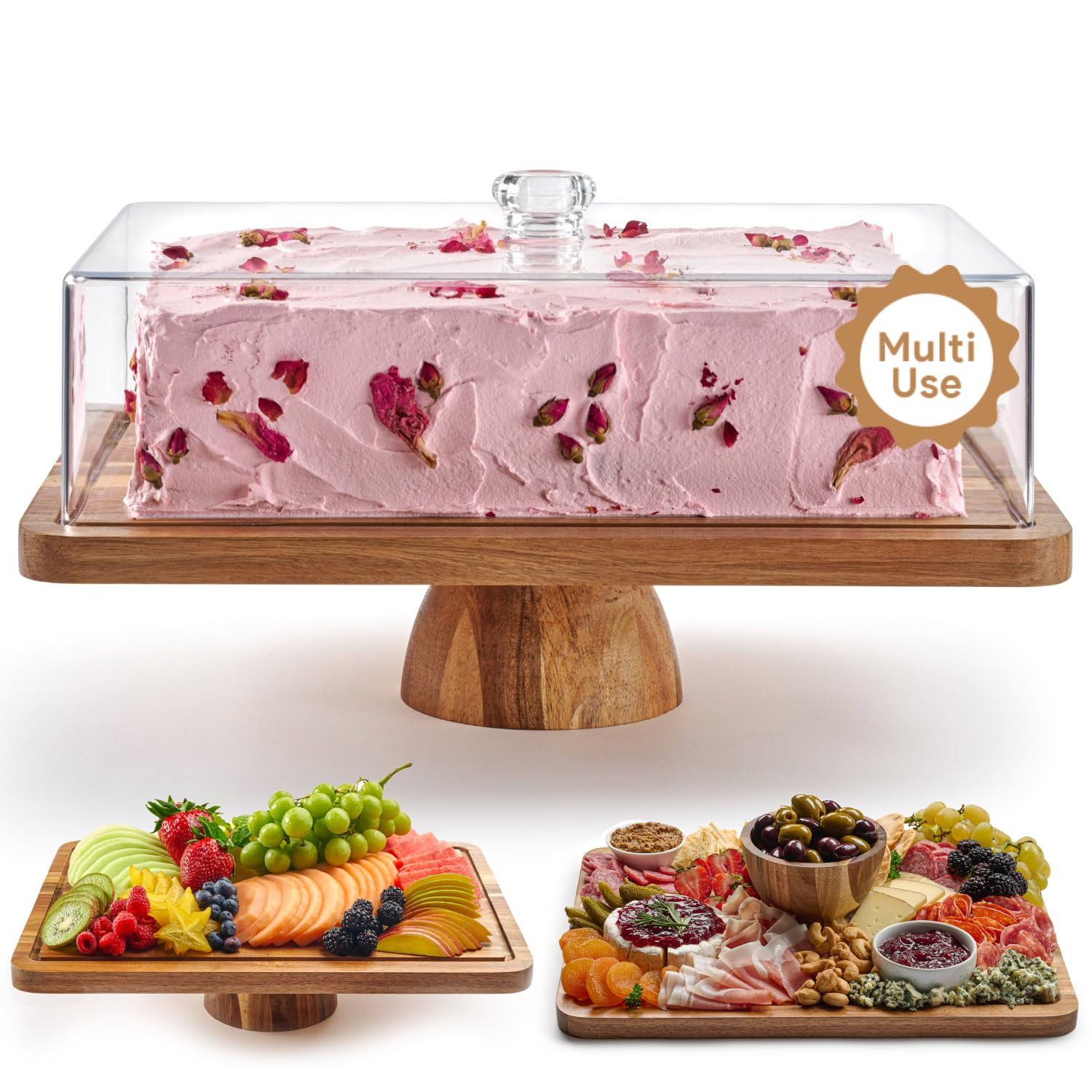 HOMESPHERE Acacia Wood Cake Stand with Lid - Rectangular Cake Holder, 2-in-1 Dessert Table Display Set & Charcuterie Board for Cheese, Chips, Fruit Platter, Large Acrylic Cake Dome Cover, No Glass