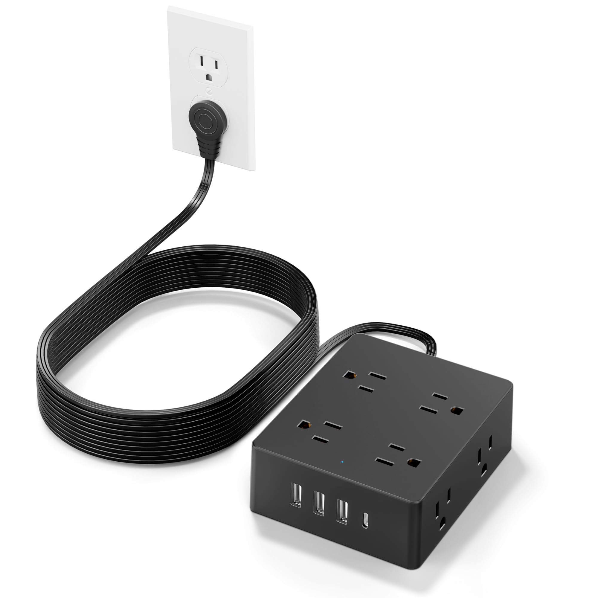 Surge Protector Power Strip, Olcorife Ultra Thin Flat Plug Extension Cord 5ft, 8 Outlets 4 USB Ports(1 USB C), Flat Wall Plug Outlet Extender, College Dorm Room Essentials, Black