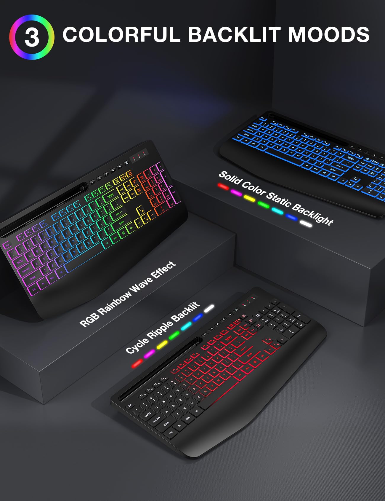 Wireless Keyboard and Mouse Combo - 9 Backlit Effects, RGB, Ergonomic Wrist Rest, Phone Holder, 2.4G Full Size, Rechargeable, Sleep Mode, Quiet Keyboard Set for Computer, PC, Laptop, Mac, Windows