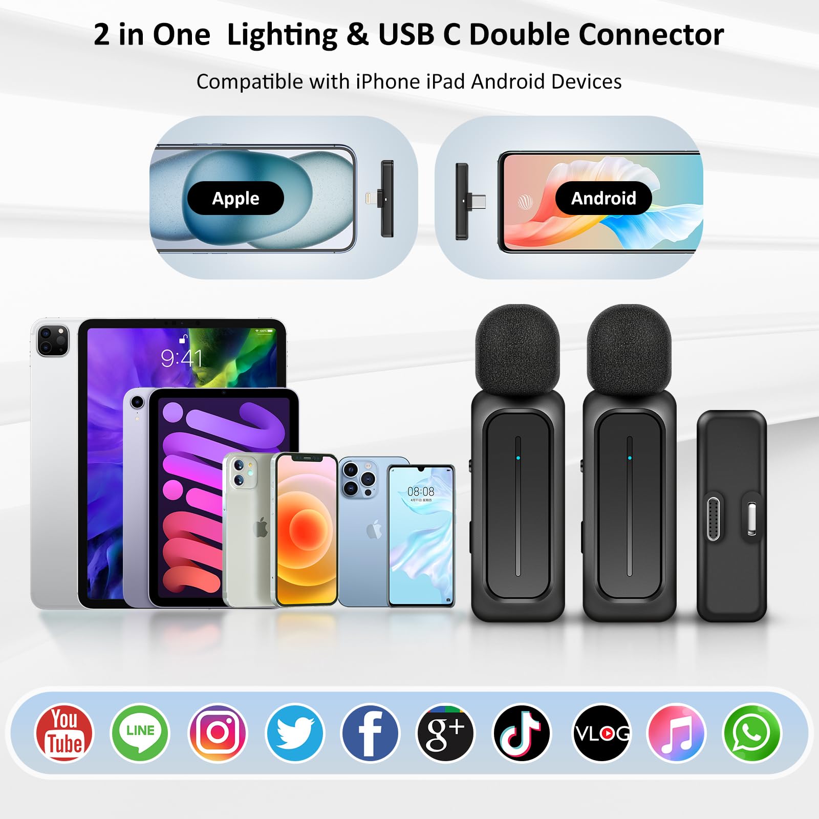 ECOMXIA 2 Pcs Wireless Lavalier Microphone for iPhone iPad Android with Charging Case 7H Clip on Lapel Microphone Wireless for Video Recording Vlogging, YouTube, Interview, 3 Mode Denoise, 70ft