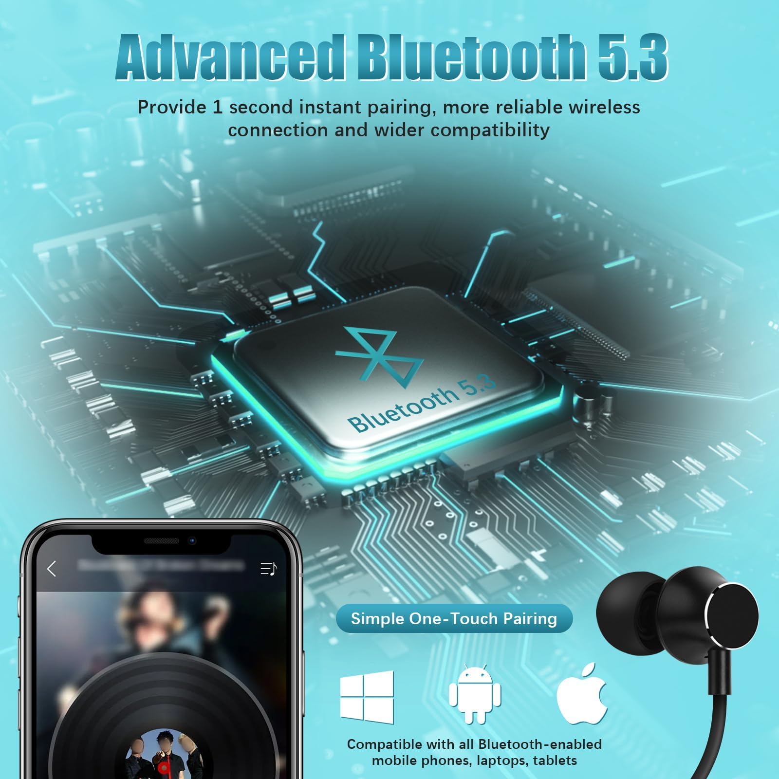 Lecefty Neckband Bluetooth Headphones, 200H Extra Long Playtime Wireless Stereo Neckband Earbuds with Microphone, Waterproof Balanced Armature Drivers in Ear Headset for Sports/Workout (Cyan Green)