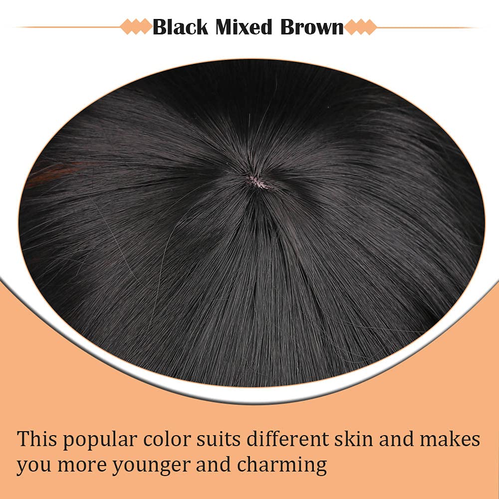 Ucubb Black Mixed Brown Wig for Black Women 14 Inch Short Wavy Hair Wigs Curly Bob Wig with Bangs Wigs Shoulder Length Wigs for Black Women Bob Style Synthetic Heat Resistant