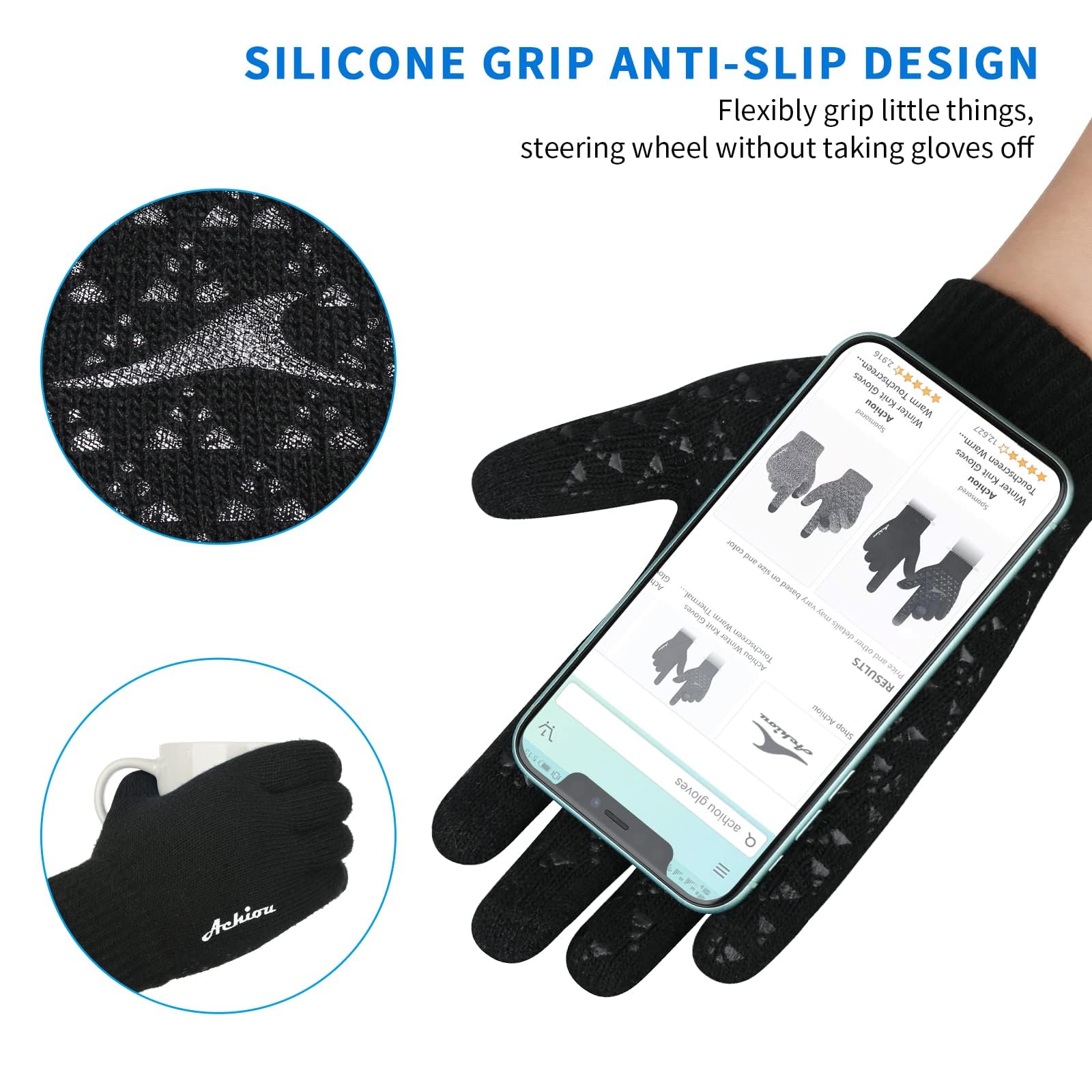 Achiou Winter Gloves, Glove for Men Women, Upgraded Touch Screen Texting Warm Running with Thermal Soft Knit Lining