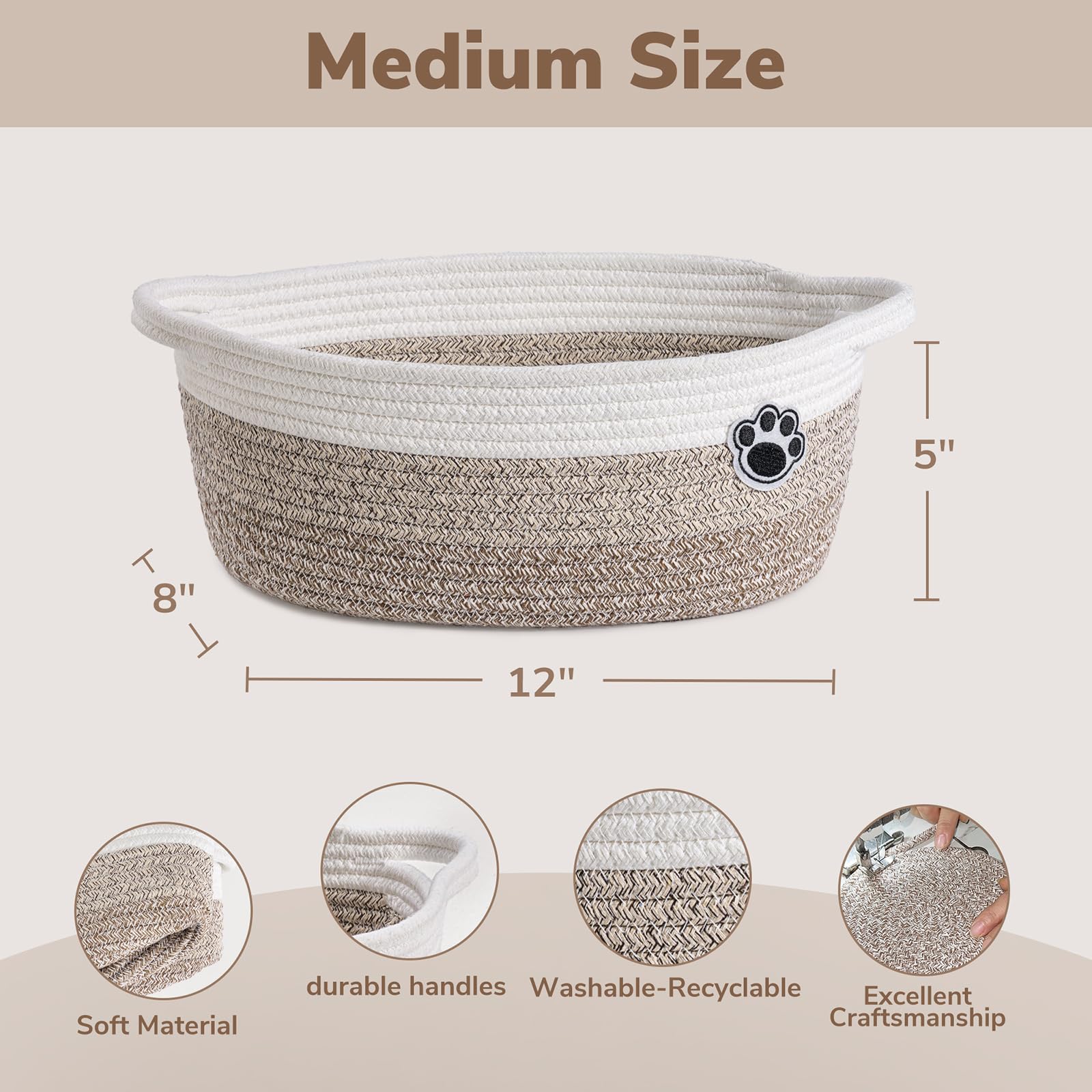HiChen Dog Toy Basket Small Gift Basket for Baby, Woven Storage Baskets for Dog Cat, Nursery Storage Baskets for Diapers, Towels, 12"x 8" x 5" Mixed-Brown