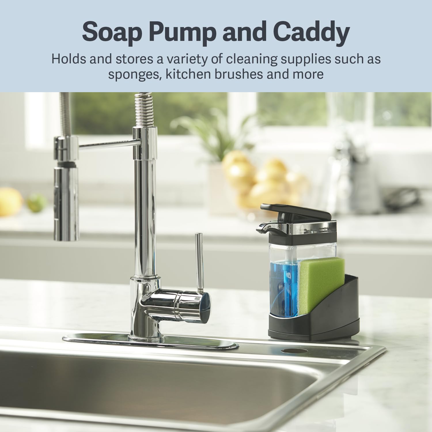Casabella Sink Sider Solo Kitchen Soap Pump and Sponge Caddy, Black/Chrome - 2-in-1 Soap and Sponge Caddy, One-Hand Soap Dispensing, Ergonomic Design, Easy to Refill and Clean, Efficient Size