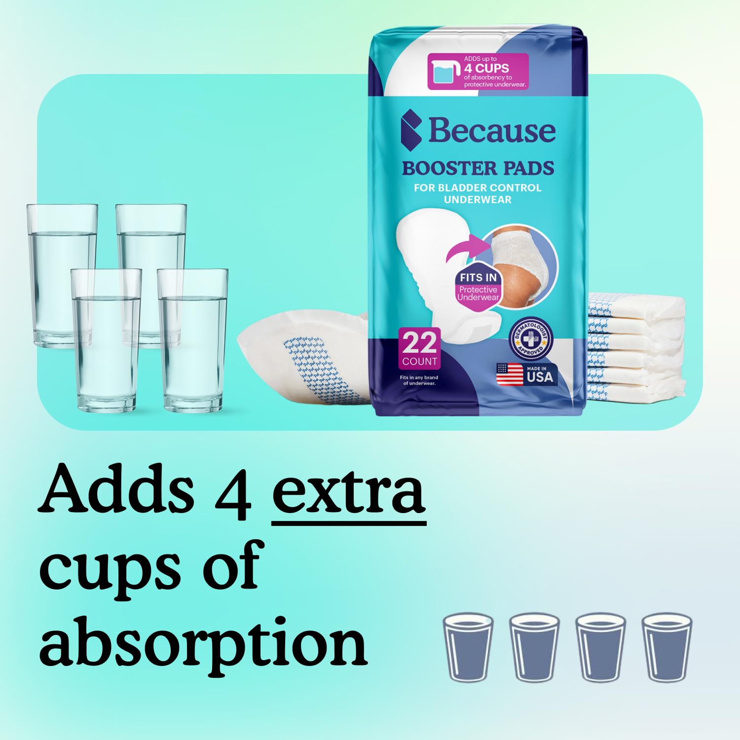 Because Premium Incontinence Booster Pads for Men and Women, Adds Extra Absorbency to Adult Diapers, Super Soft, Adhesive Strip Backing, Unisex, 22 Count