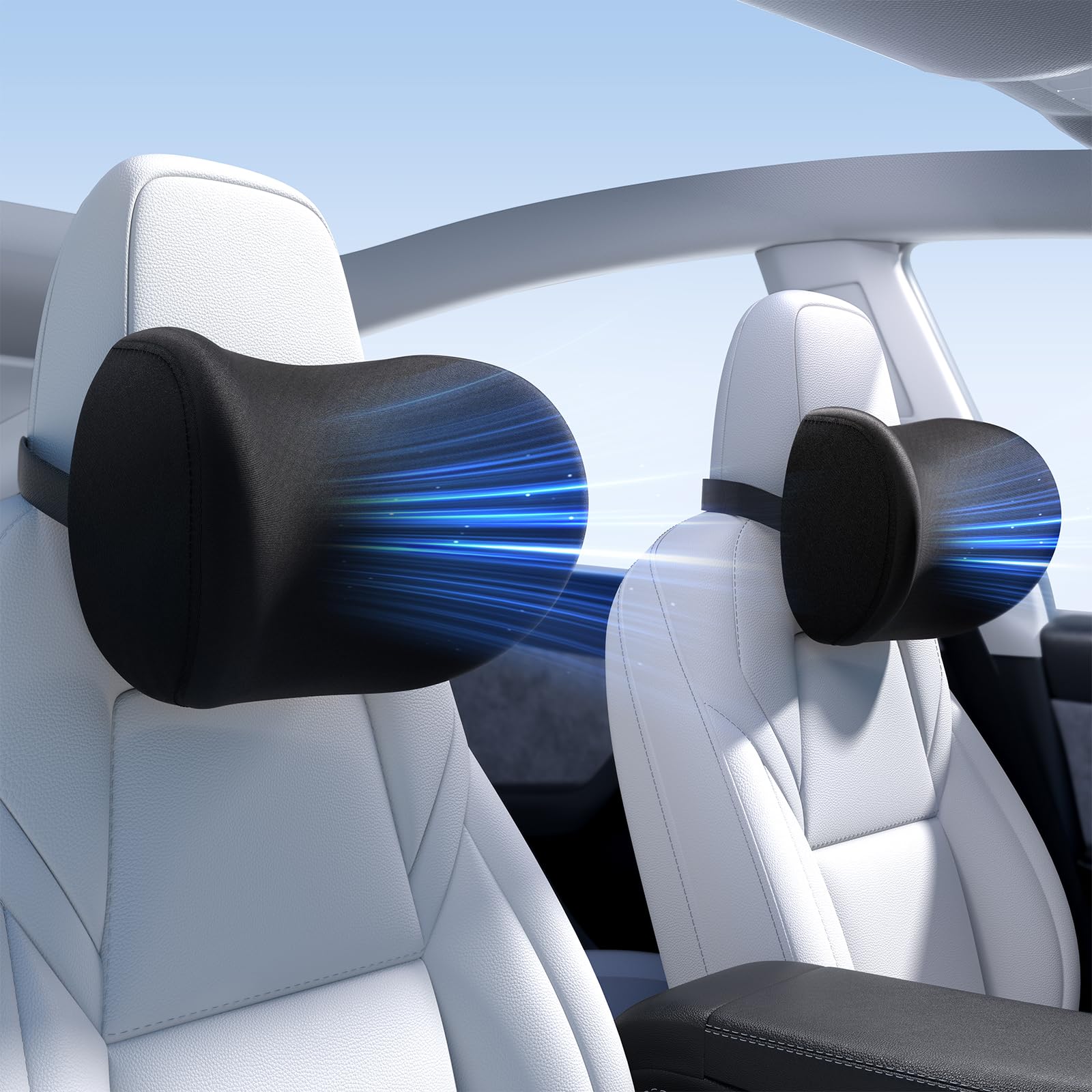 Wigoo 2025 Upgrade Auto-Nackenkissen [Kein Druck mehr, geruchlos] Weiches Auto-Kopfstützenkissen mit verstellbarem Gurt, abnehmbarem Bezug, 100 % Memory Foam, passend für alle Fahrzeuge (Schwarz, 2er-Pack)