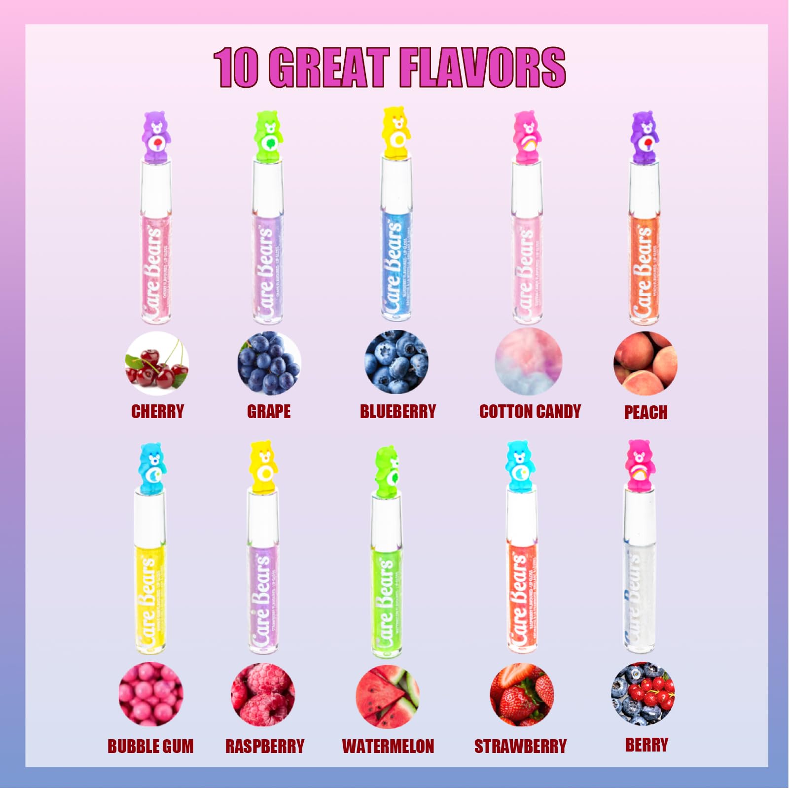 Care Bears 10 Piece Plant Based Lip Gloss, Girls Party Favors, First Makeup Set for Girl, Perfect for Parties, Sleepovers, and Birthday Gifts, Ages 3+, by Townley Girl
