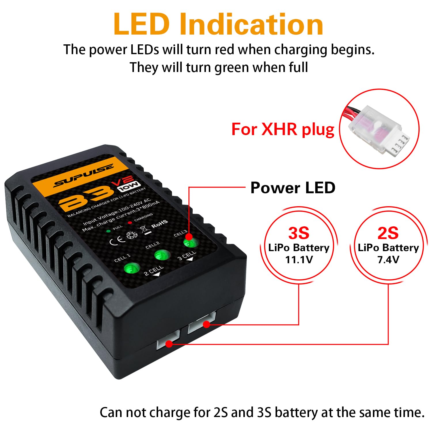 SUPULSE LiPo Battery Charger 2S-3S RC Balance Charger AC 7.4-11.1V 10W Upgrade Version Compact Lipo Charger RC Car Charger for XHR Plug Battery(B3V2)