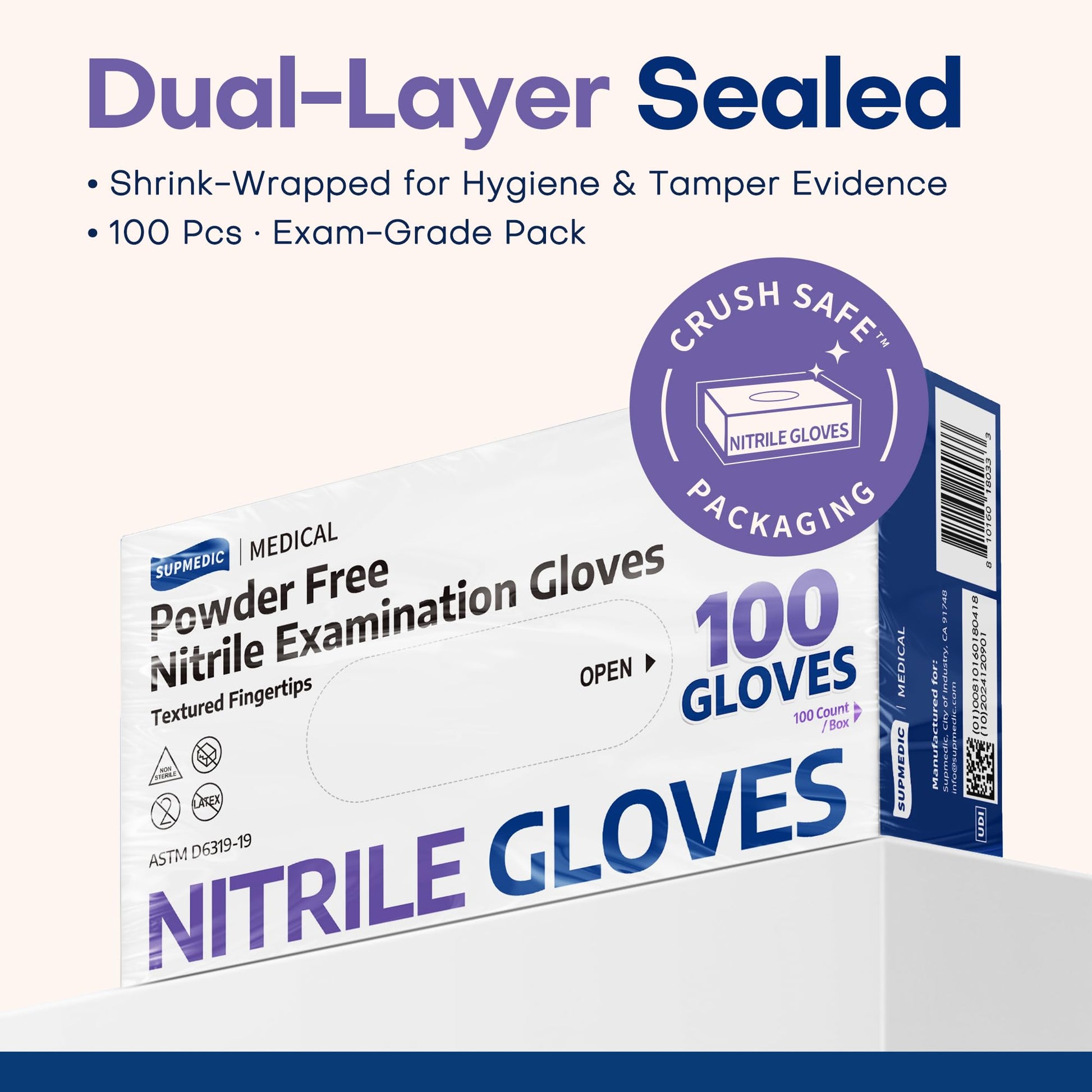 Supmedic Nitrile Exam Gloves, 3.5 Mil Powder-Free Food Safe Cleaning Chemo Rated Disposable Medical Glove, Violet Blue 100 Pcs (Medium)