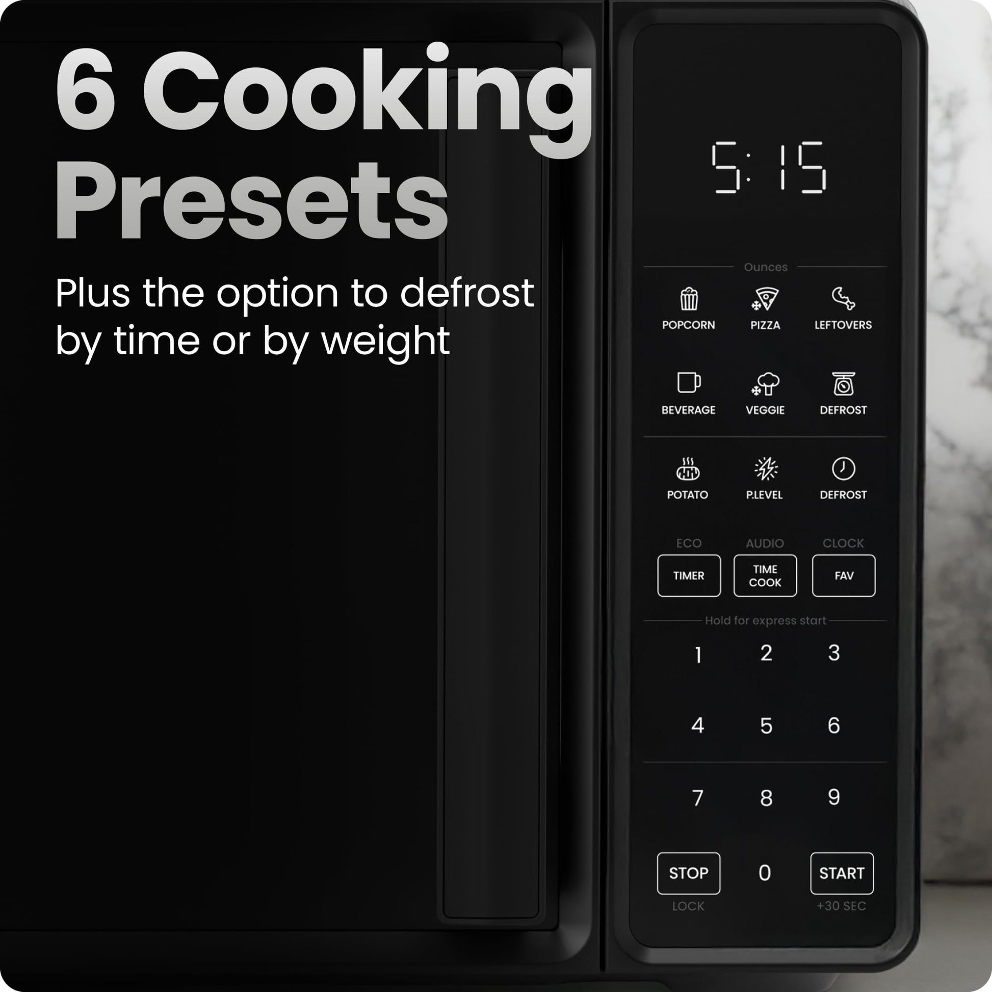 Chefman Countertop Microwave Oven 0.7 Cu. Ft., 700 Watts with 10 Power Levels, 6 Cooking Presets with One-Touch Express Cook, Eco Mode, Child Safety Lock, & Mute Button - Black