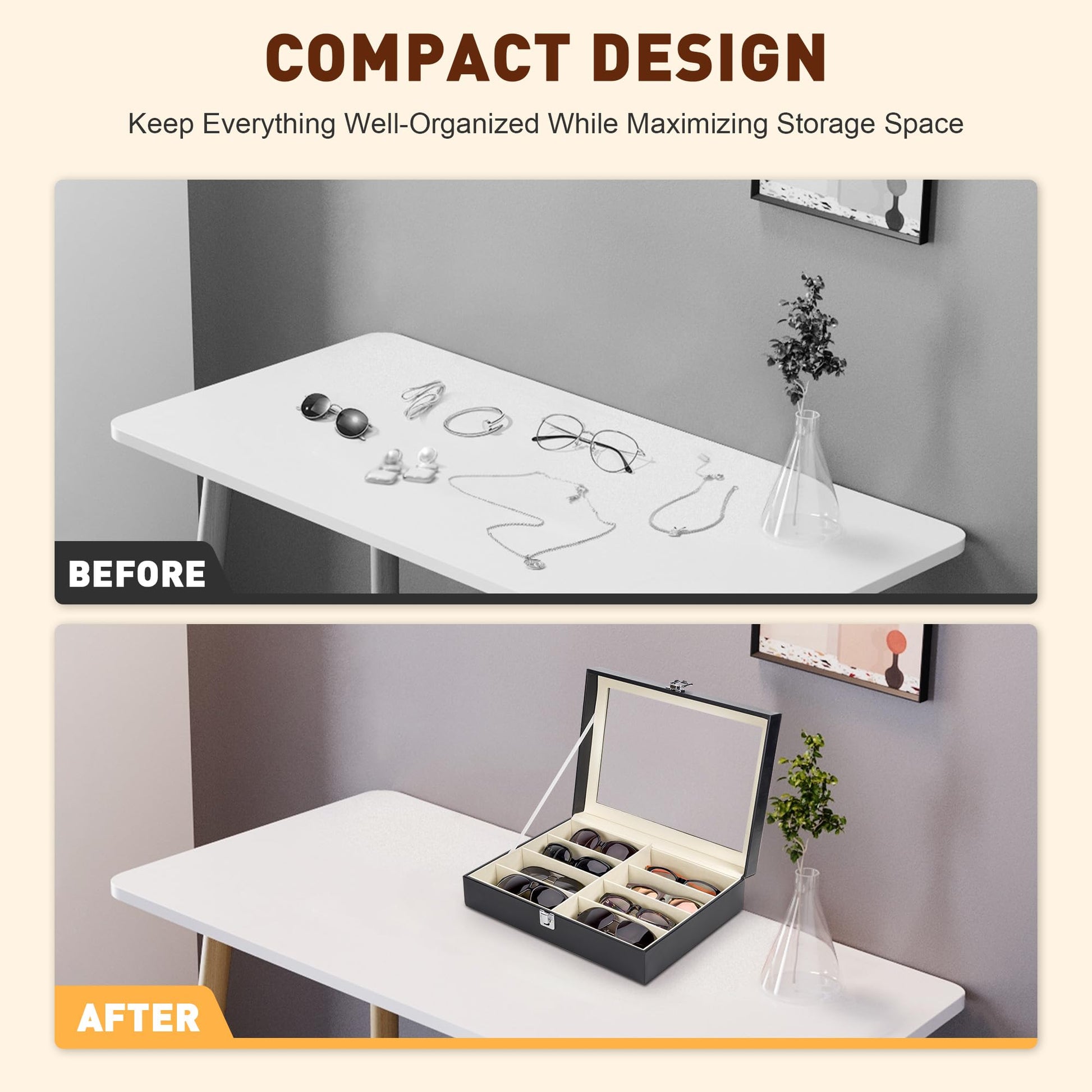 CO-Z Leather Multi Sunglasses Organizer for Women Men, Eyeglasses Eyewear Display Case with 8 Slots, Jewelry Watch Organizer, Sunglasses Jewelry Collection Case, Sunglass Glasses Storage Holder Box